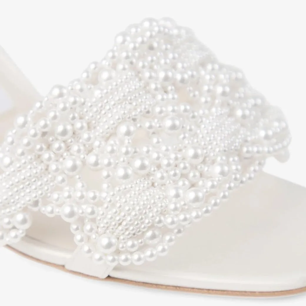 Pearl Embellishments Heeled Mules for Women Open Square Toe Woven Raffia Kitten Heels Braided Backless Slip On Mules heel Sandals Wedding Summer Shoe
