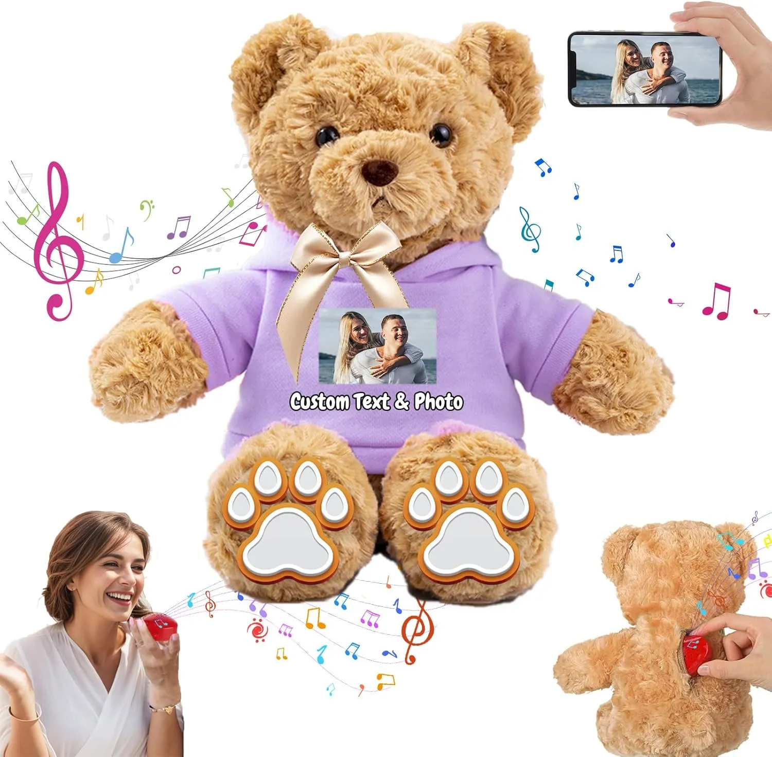 Personalized Teddy Bear with Voice Recorder, Customized Gifts Stuffed Teddy Bear with Bow Text as Personalized Gift for Girls Boys on Birthday Christmas Valentines Day (13 inch-Text Photo)