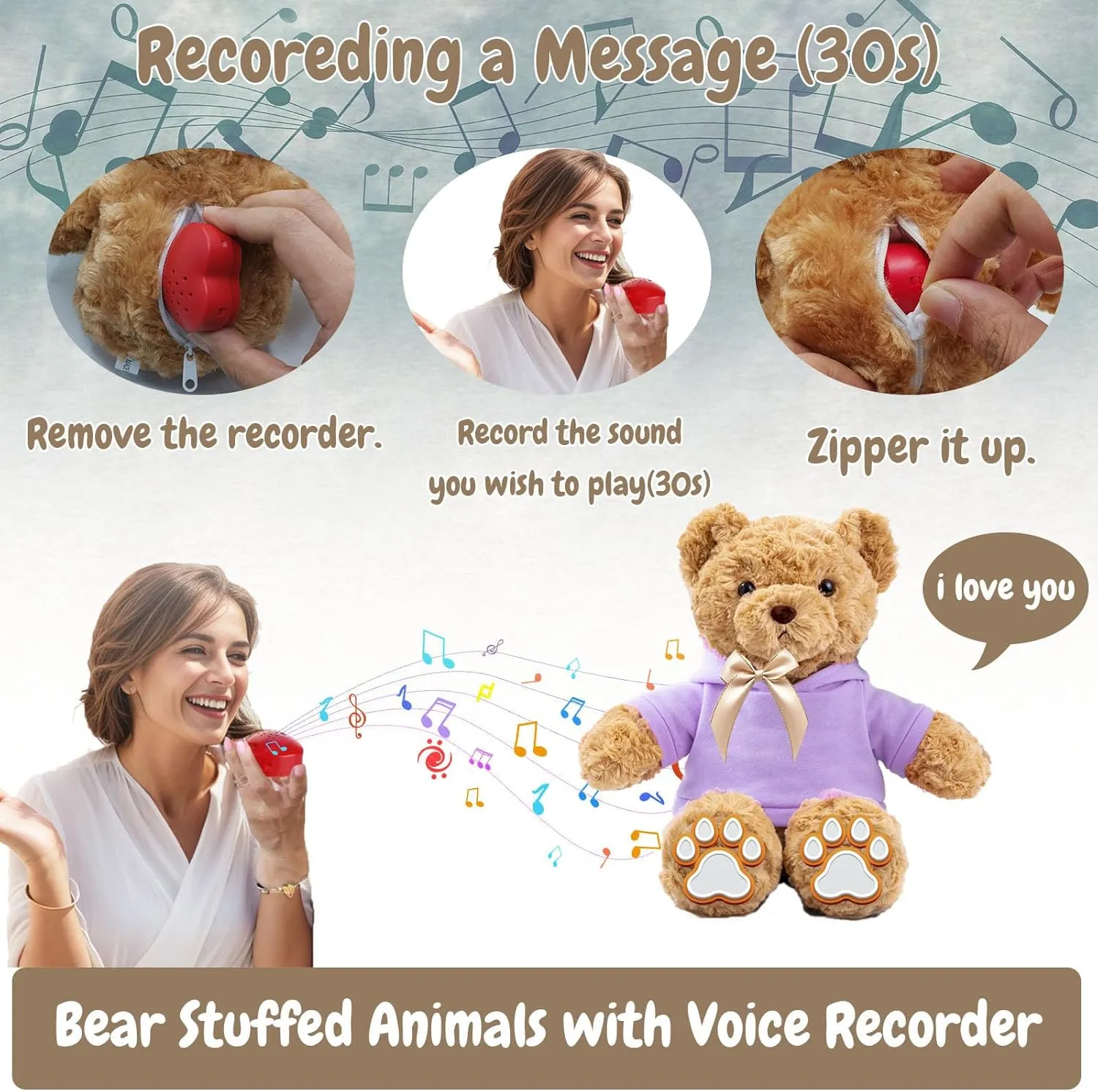 Personalized Teddy Bear with Voice Recorder, Customized Gifts Stuffed Teddy Bear with Bow Text as Personalized Gift for Girls Boys on Birthday Christmas Valentines Day (13 inch-Text Photo)