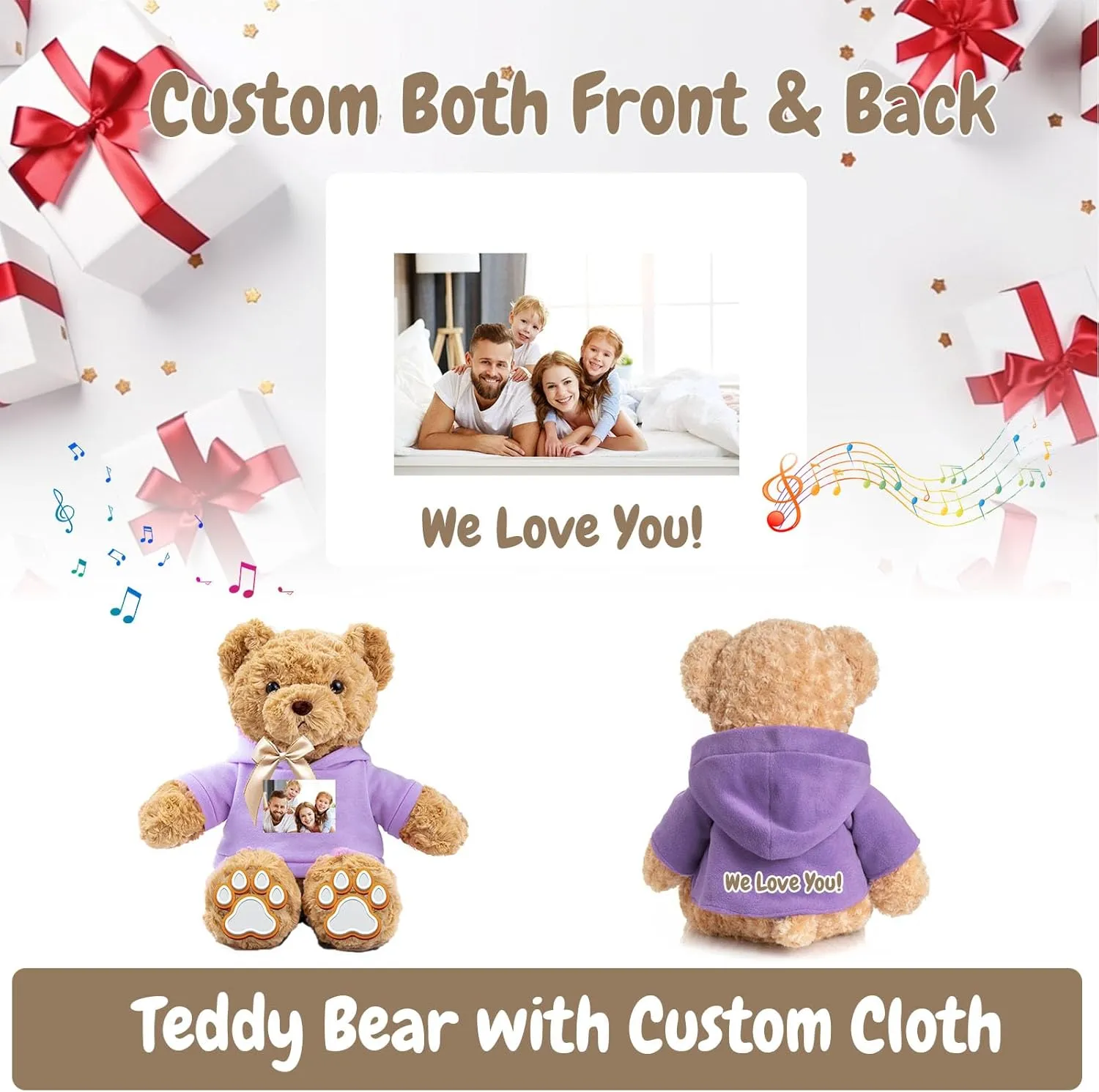 Personalized Teddy Bear with Voice Recorder, Customized Gifts Stuffed Teddy Bear with Bow Text as Personalized Gift for Girls Boys on Birthday Christmas Valentines Day (13 inch-Text Photo)
