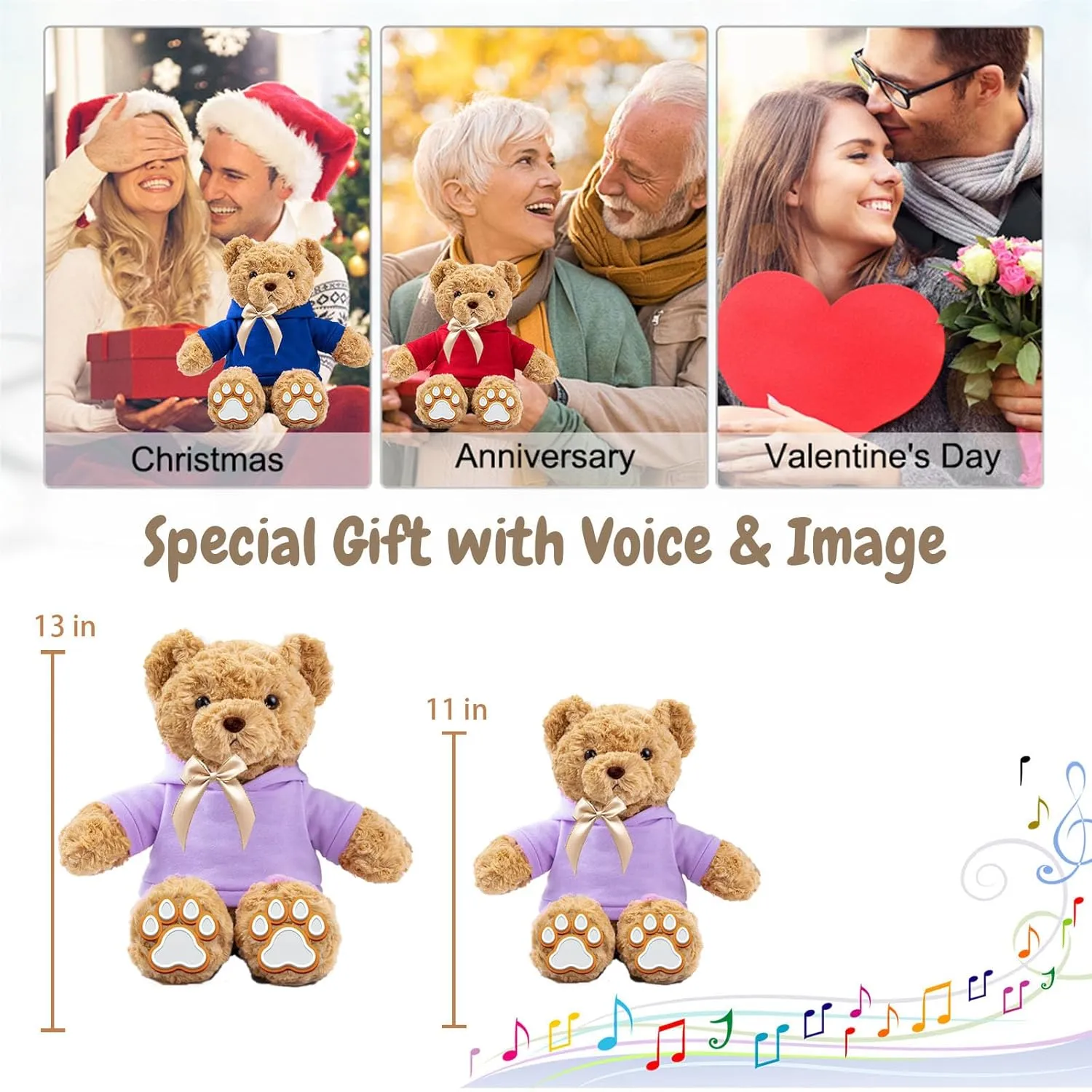 Personalized Teddy Bear with Voice Recorder, Customized Gifts Stuffed Teddy Bear with Bow Text as Personalized Gift for Girls Boys on Birthday Christmas Valentines Day (13 inch-Text Photo)