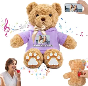 Personalized Teddy Bear with Voice Recorder, Customized Gifts Stuffed Teddy Bear with Bow Text as Personalized Gift for Girls Boys on Birthday Christmas Valentines Day (13 inch-Text Photo)