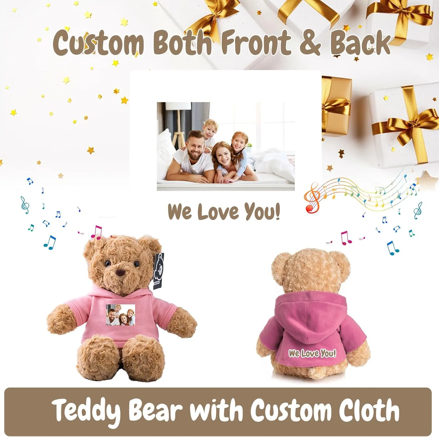 Personalized Teddy Bear with Voice Recording for Kids Adults, Personalized Gifts Bear with Bow Plush Toys with Text Photo as Customized Gift for Valentines Christmas (13 inch-Text Photo)