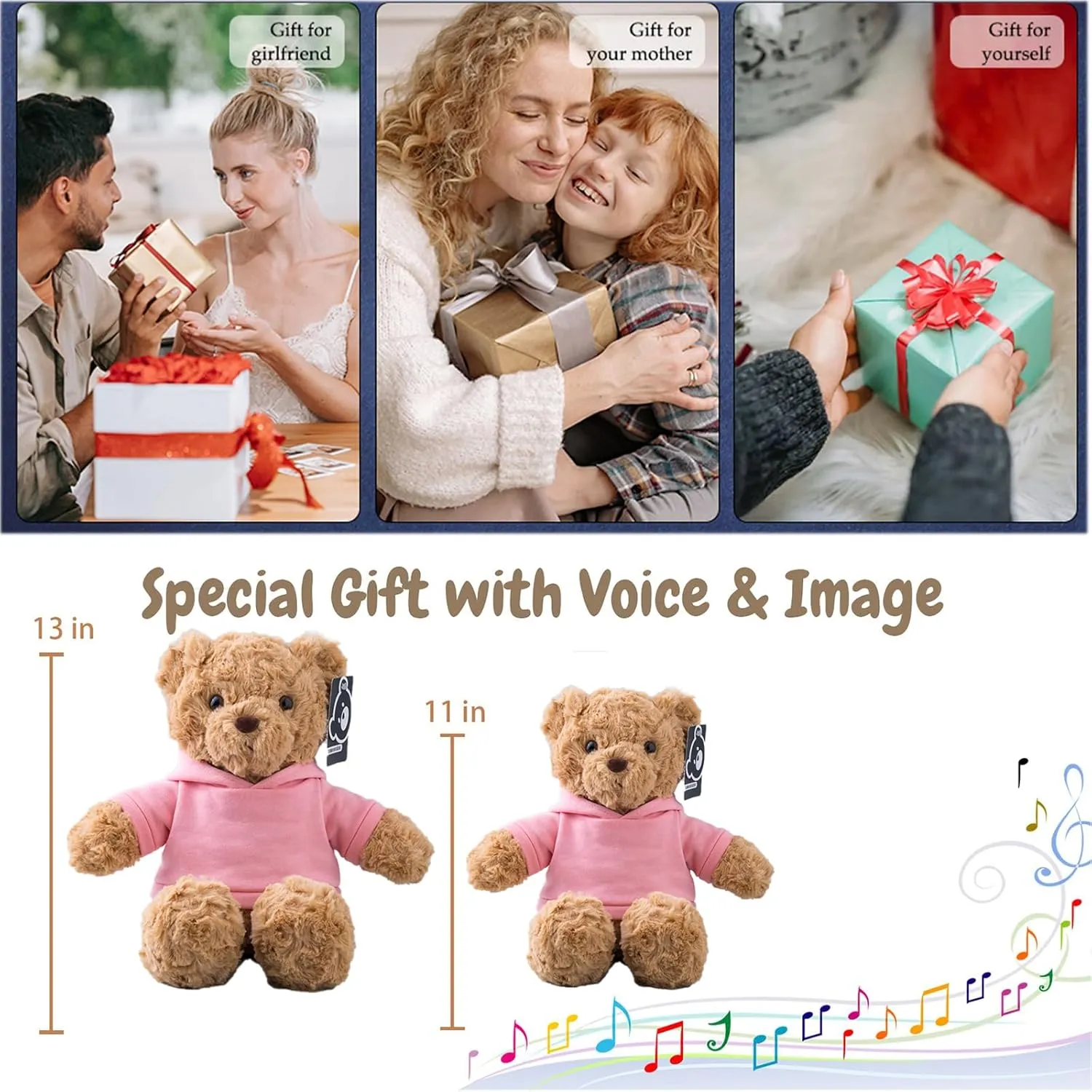 Personalized Teddy Bear with Voice Recording for Kids Adults, Personalized Gifts Bear with Bow Plush Toys with Text Photo as Customized Gift for Valentines Christmas (13 inch-Text Photo)