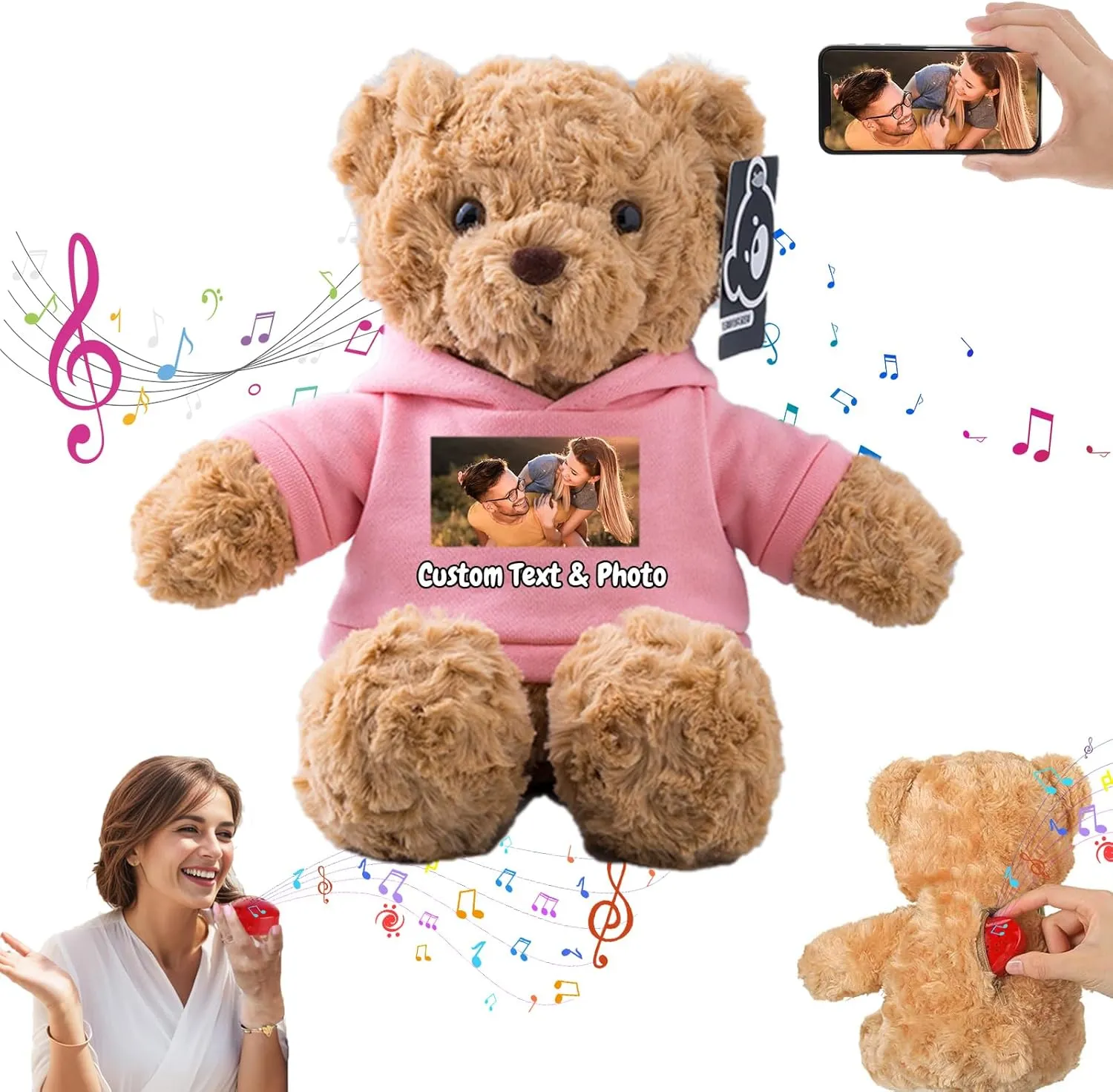Personalized Teddy Bear with Voice Recording for Kids Adults, Personalized Gifts Bear with Bow Plush Toys with Text Photo as Customized Gift for Valentines Christmas (13 inch-Text Photo)