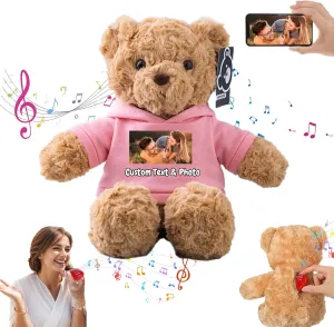Personalized Teddy Bear with Voice Recording for Kids Adults, Personalized Gifts Bear with Bow Plush Toys with Text Photo as Customized Gift for Valentines Christmas (13 inch-Text Photo)