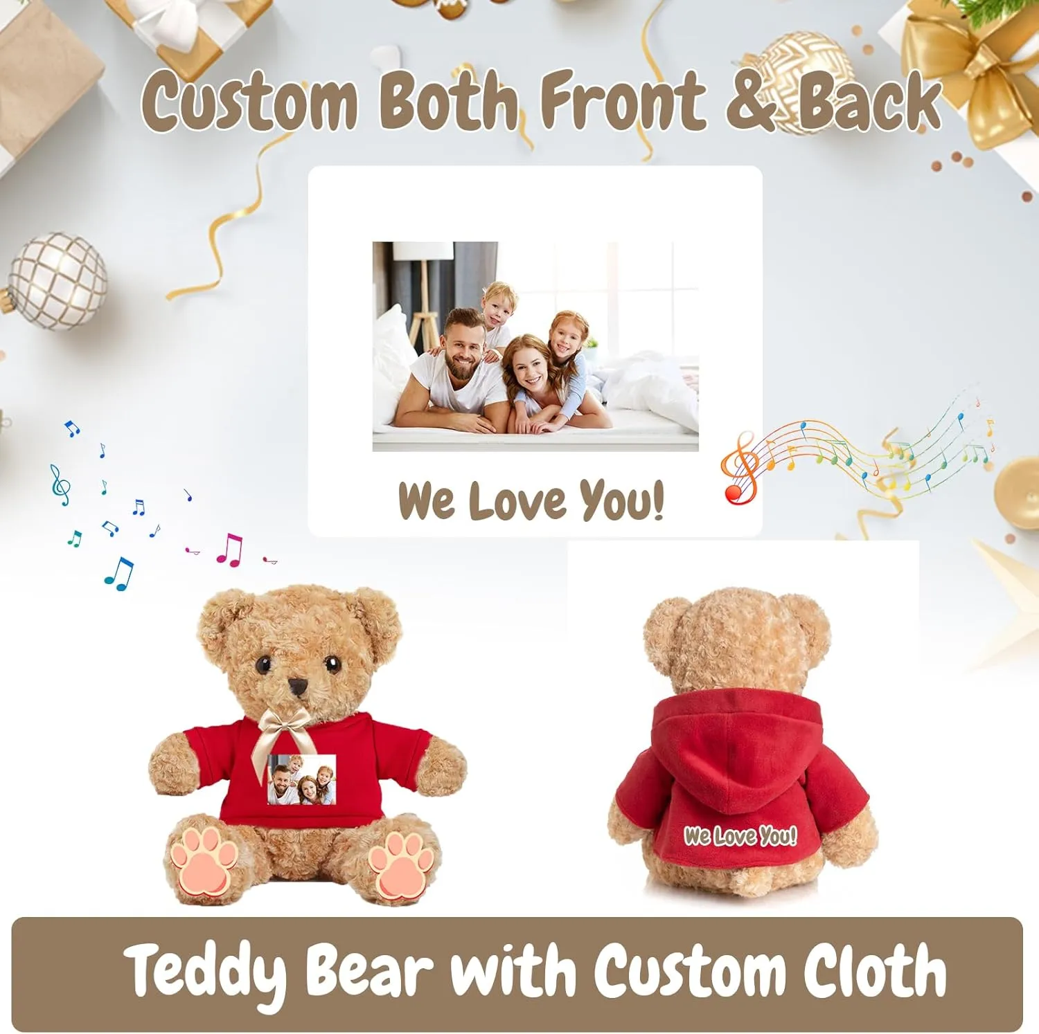 Personalized Teddy Bear with Voice Recording for Women Men, Personalized Gifts Bear with Bow Plush with Text Photo as Customized Gift for Valentines Christmas Birthday (16 inch-Text Photo)