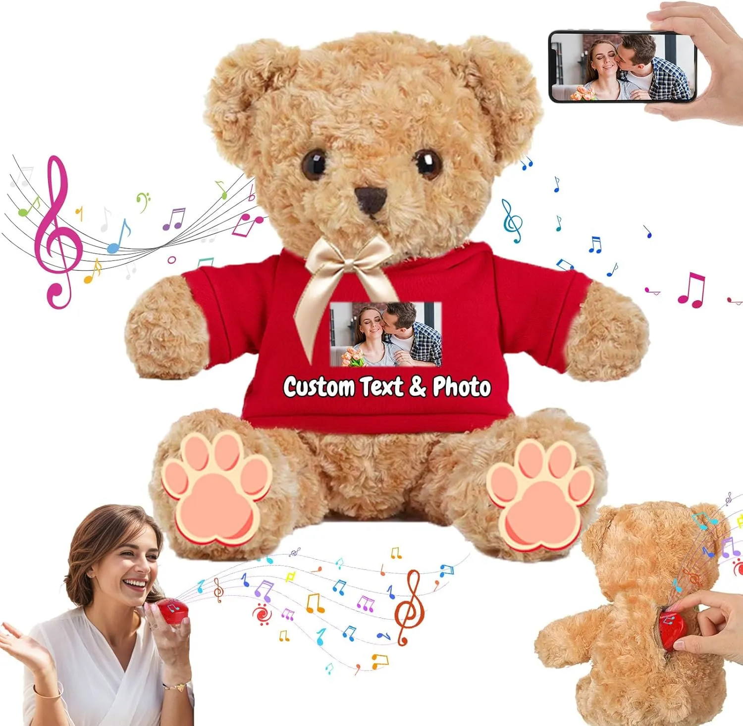 Personalized Teddy Bear with Voice Recording for Women Men, Personalized Gifts Bear with Bow Plush with Text Photo as Customized Gift for Valentines Christmas Birthday (16 inch-Text Photo)