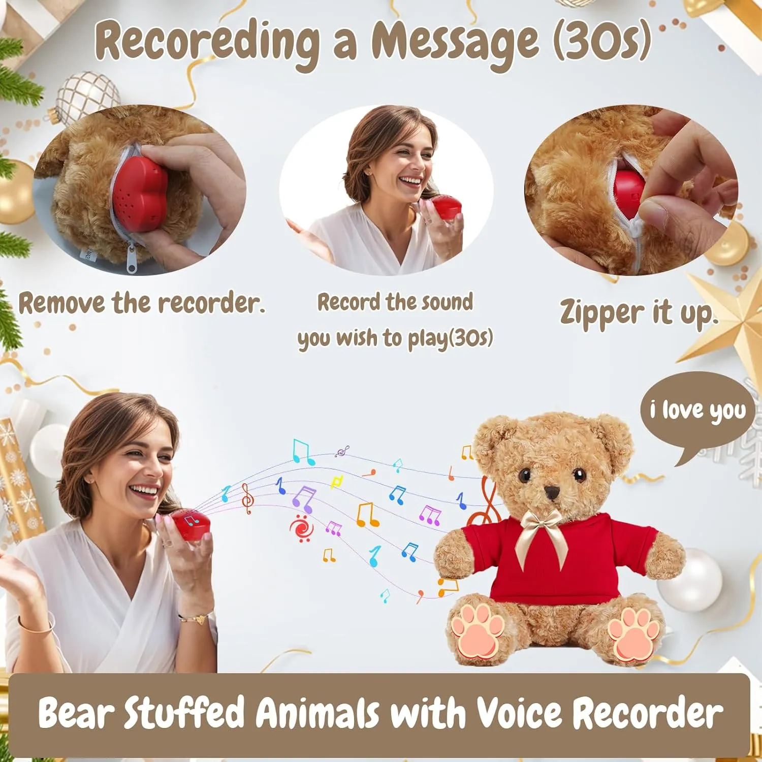 Personalized Teddy Bear with Voice Recording for Women Men, Personalized Gifts Bear with Bow Plush with Text Photo as Customized Gift for Valentines Christmas Birthday (16 inch-Text Photo)
