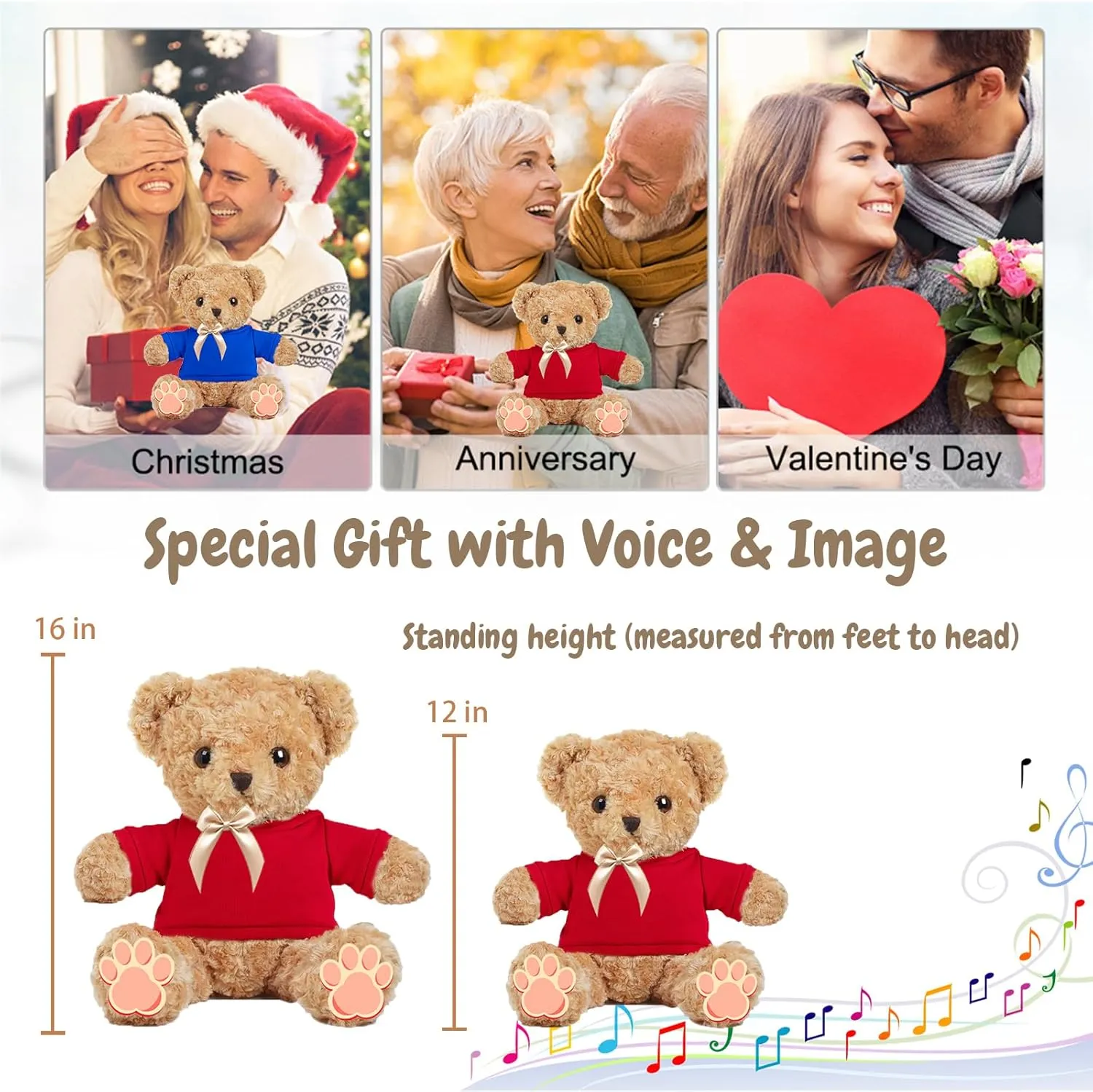 Personalized Teddy Bear with Voice Recording for Women Men, Personalized Gifts Bear with Bow Plush with Text Photo as Customized Gift for Valentines Christmas Birthday (16 inch-Text Photo)