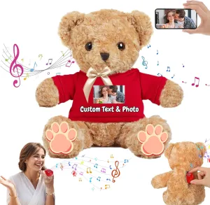 Personalized Teddy Bear with Voice Recording for Women Men, Personalized Gifts Bear with Bow Plush with Text Photo as Customized Gift for Valentines Christmas Birthday (16 inch-Text Photo)