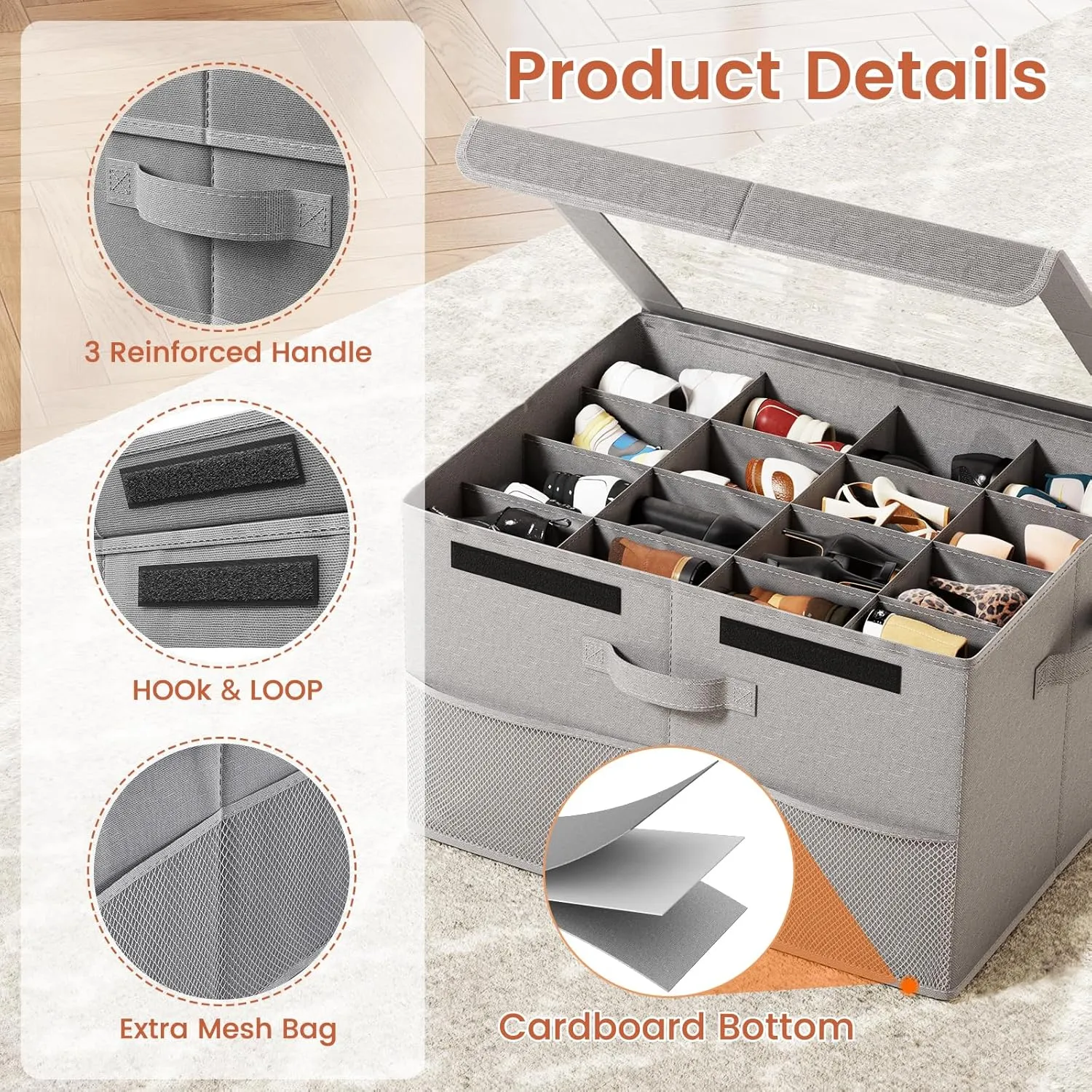 PHINOX Shoe Organizer for Closet, Fits up to 16 Pairs, Shoe Storage Bins with Clear Cover and Reinforced Handles, Foldable Shoe Storage Organizer, Space Saving Shoe Holder for Wardrobe, 2 Pack Grey