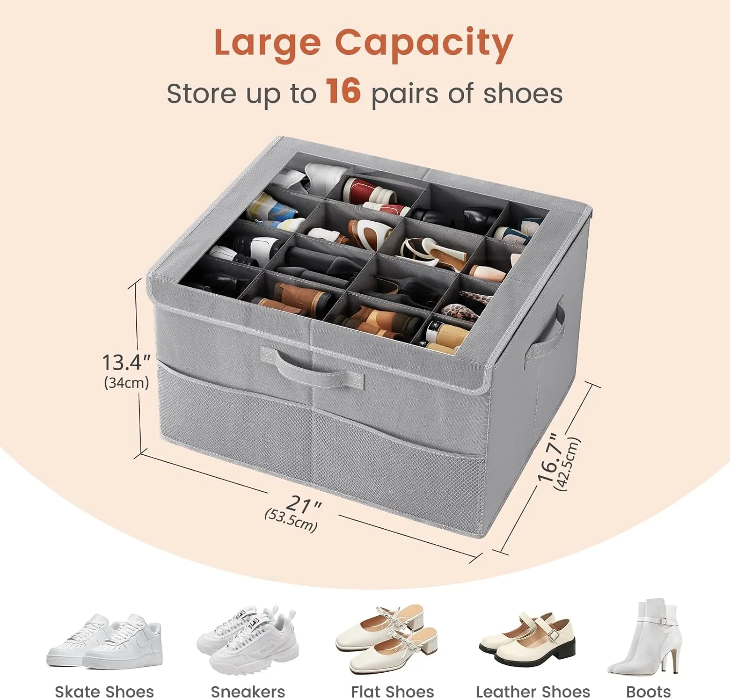PHINOX Shoe Organizer for Closet, Fits up to 16 Pairs, Shoe Storage Bins with Clear Cover and Reinforced Handles, Foldable Shoe Storage Organizer, Space Saving Shoe Holder for Wardrobe, 2 Pack Grey