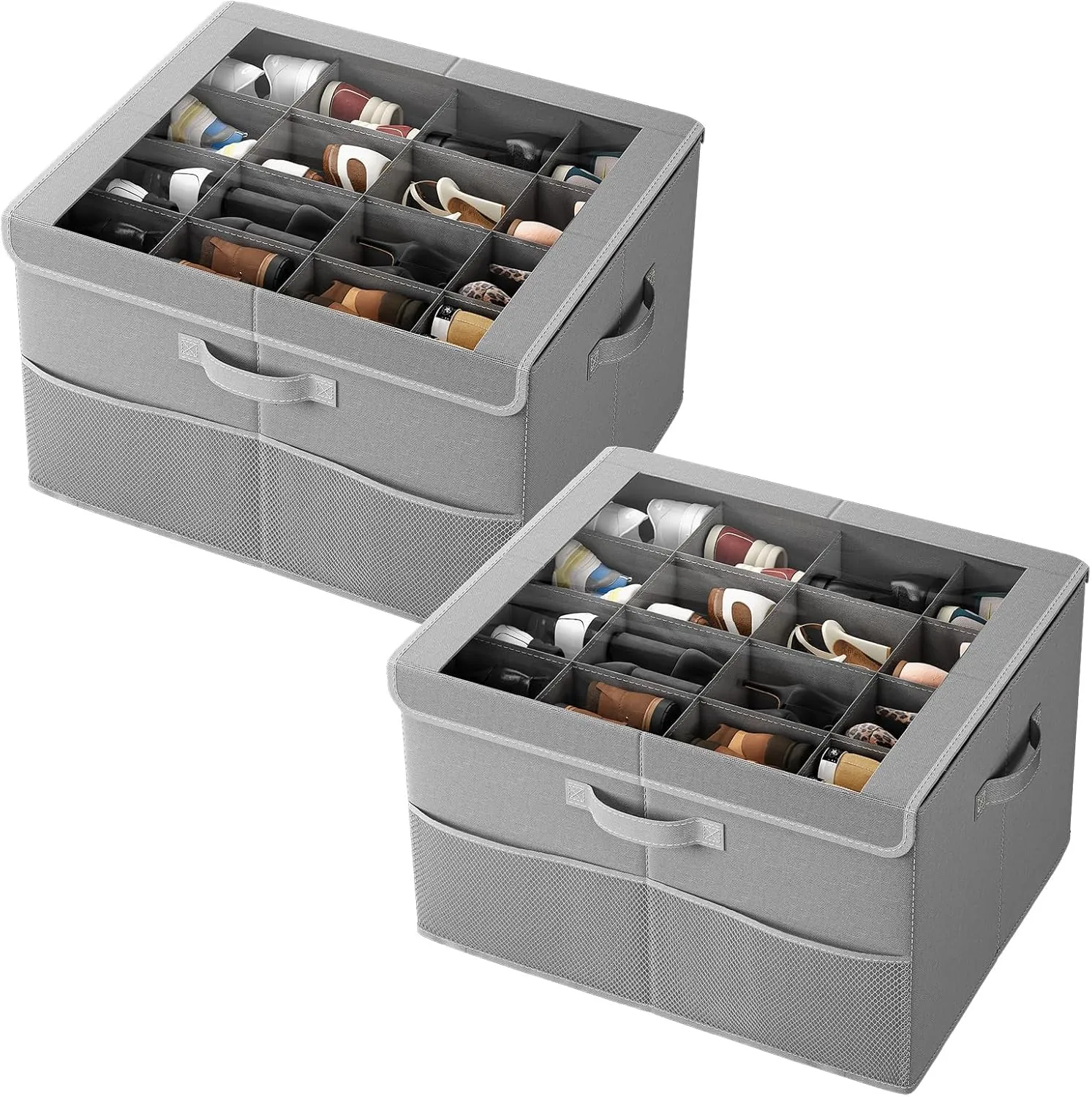 PHINOX Shoe Organizer for Closet, Fits up to 16 Pairs, Shoe Storage Bins with Clear Cover and Reinforced Handles, Foldable Shoe Storage Organizer, Space Saving Shoe Holder for Wardrobe, 2 Pack Grey