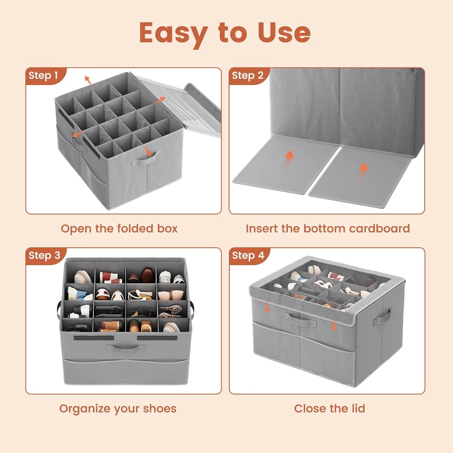 PHINOX Shoe Organizer for Closet, Fits up to 16 Pairs, Shoe Storage Bins with Clear Cover and Reinforced Handles, Foldable Shoe Storage Organizer, Space Saving Shoe Holder for Wardrobe, 2 Pack Grey