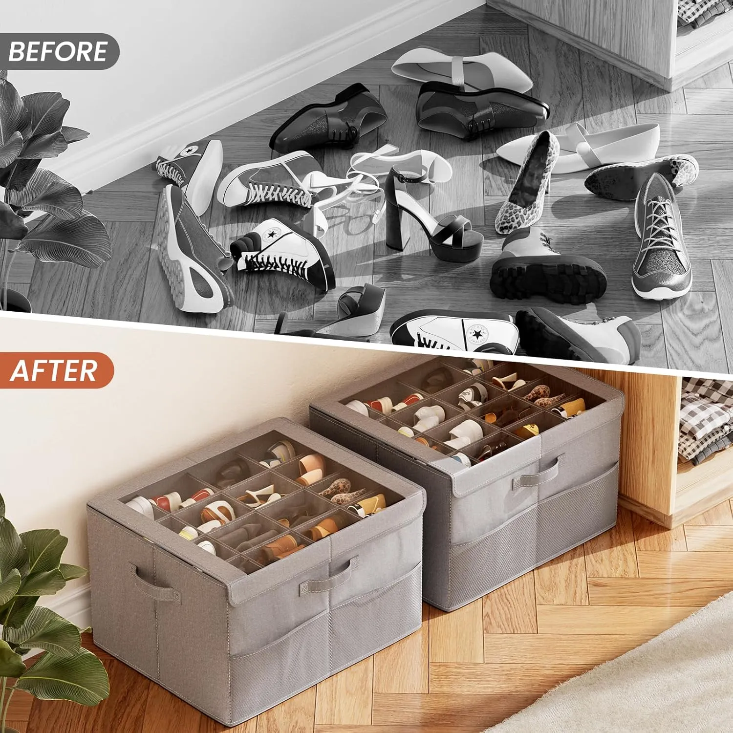 PHINOX Shoe Organizer for Closet, Fits up to 16 Pairs, Shoe Storage Bins with Clear Cover and Reinforced Handles, Foldable Shoe Storage Organizer, Space Saving Shoe Holder for Wardrobe, 2 Pack Grey