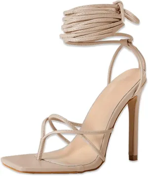 PiePieBuy Women's Lace Up Heeled Sandals Square Flip Flop High Heels Strappy Party Shoes