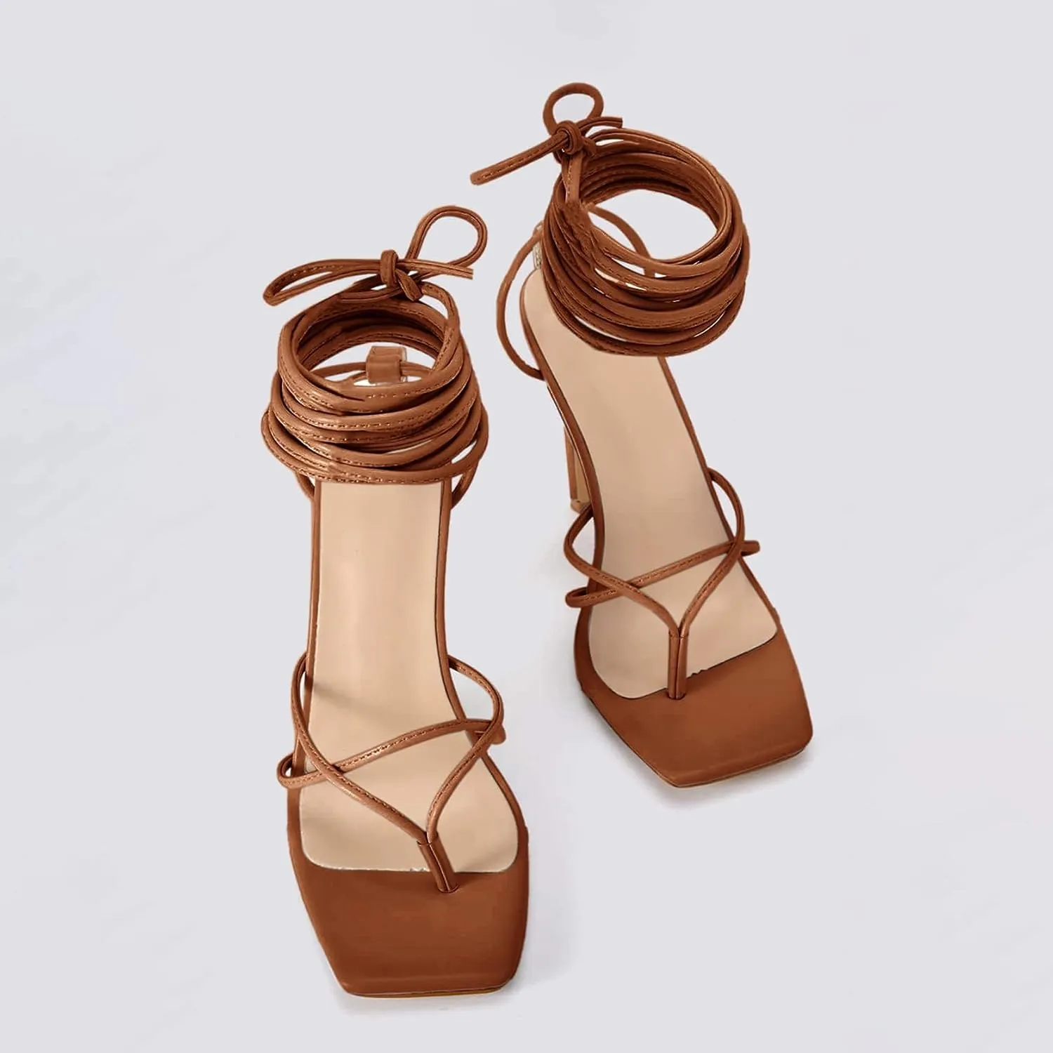PiePieBuy Women's Lace Up Heeled Sandals Square Flip Flop High Heels Strappy Party Shoes