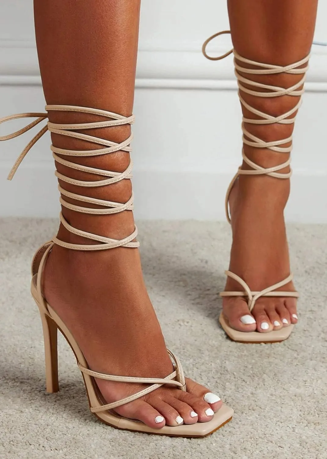 PiePieBuy Women's Lace Up Heeled Sandals Square Flip Flop High Heels Strappy Party Shoes