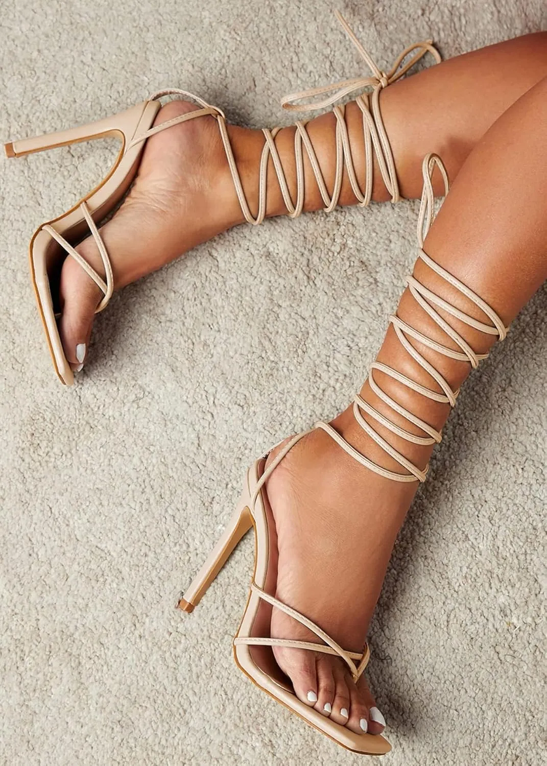 PiePieBuy Women's Lace Up Heeled Sandals Square Flip Flop High Heels Strappy Party Shoes