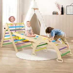 Pikler Triangle Set 7 in 1, Foldable Toddler Climbing Toys Indoor, Rainbow Wooden Montessori Climbing Set with Ramp Arch Climber, Baby Climbing Toys for Toddlers Kids, Inside