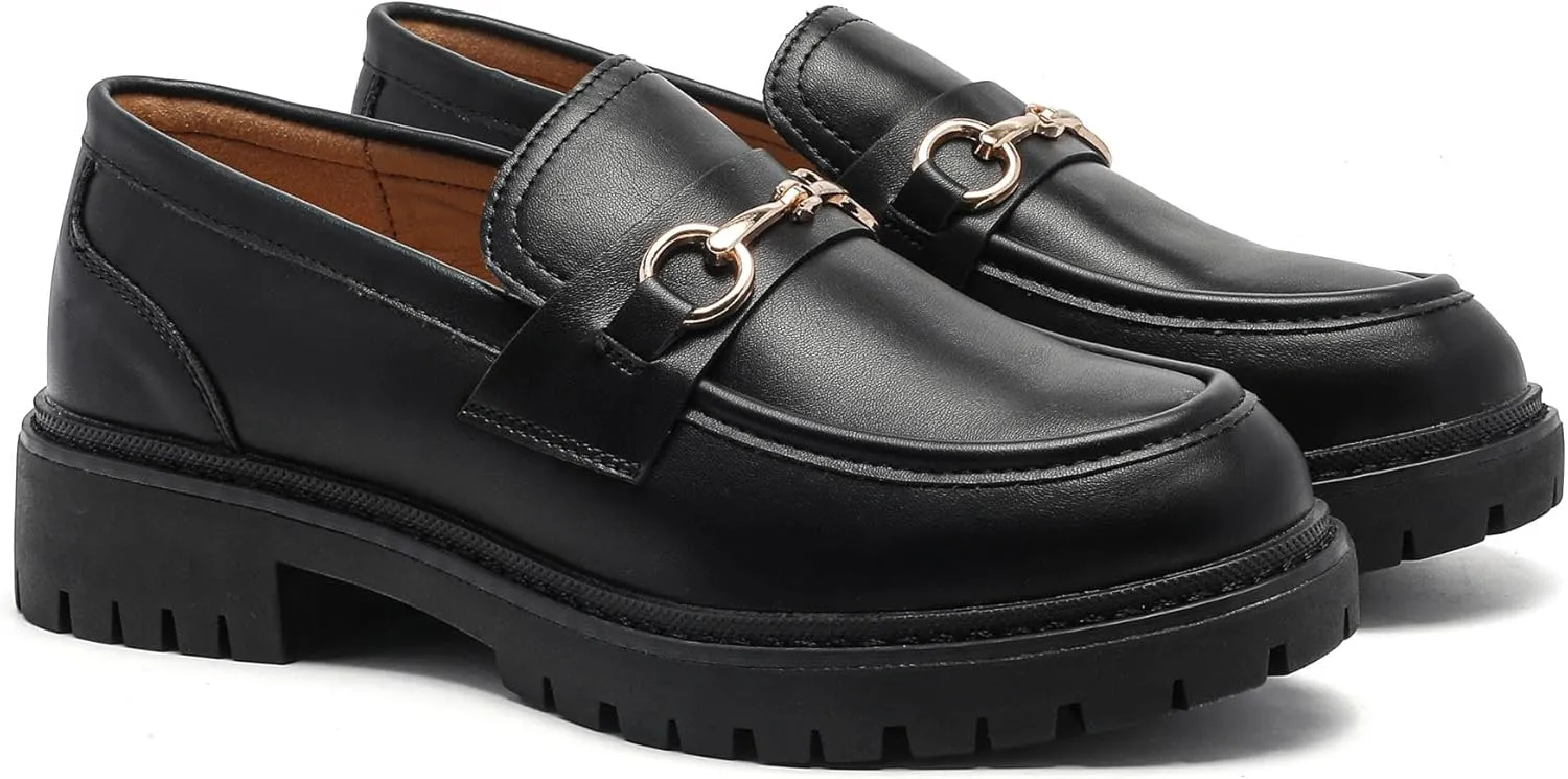 Platform Chunky Lug Sole Loafers for Women Slip On Faux Leather