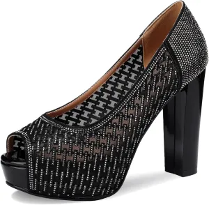 Platform Sandals Women Peep Toe Mesh Shoes Dressy Wide Comfortable Summer Chunky High Heels Rhinestone Crystal Ladies Fashion Elegantes Slip On Wedge Stylish Thick 5 Inch Pumps
