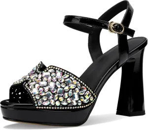 Platform Sandals Women Peep Toe Strappy Shoes Dressy Wide Comfortable Summer Chunky High Heels Rhinestone Crystal Ladies Fashion Wedge Stylish Thick 5 Inch Pumps