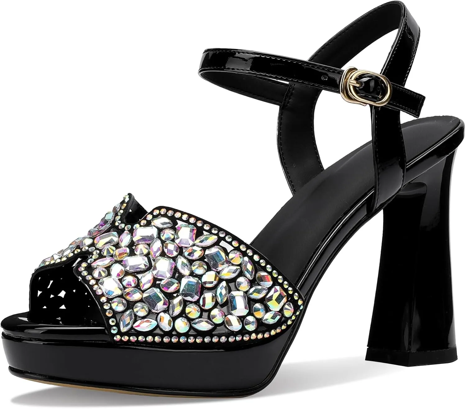 Platform Sandals Women Peep Toe Strappy Shoes Dressy Wide Comfortable Summer Chunky High Heels Rhinestone Crystal Ladies Fashion Wedge Stylish Thick 5 Inch Pumps
