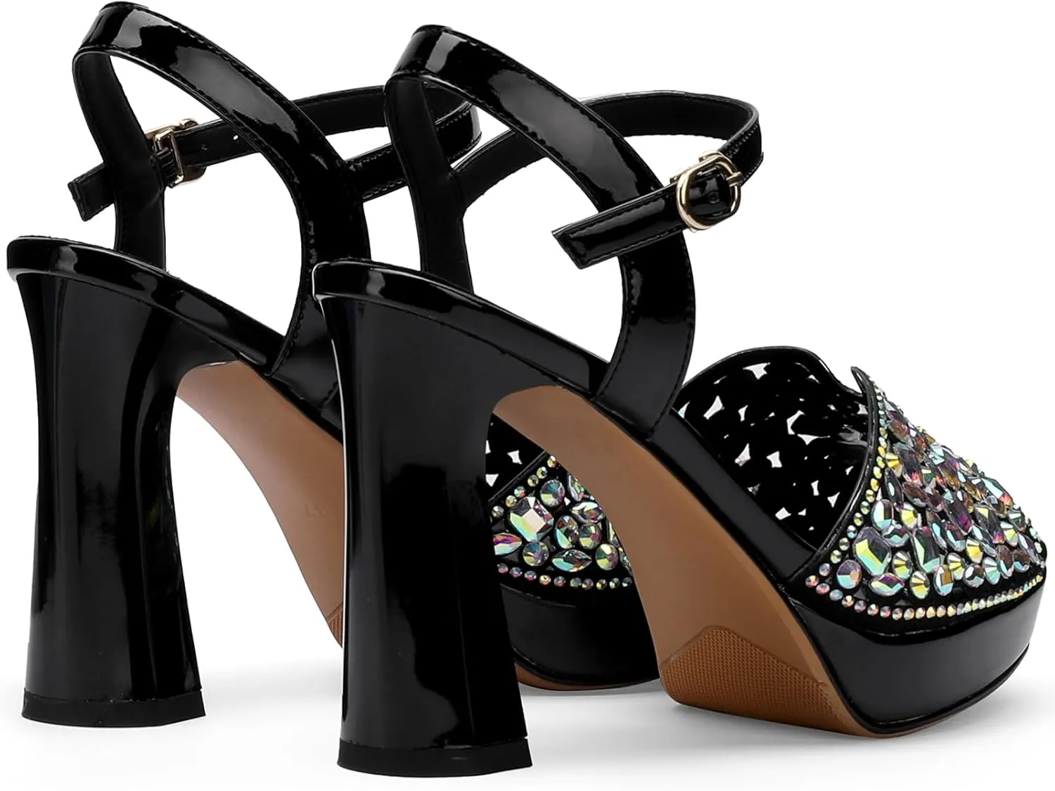 Platform Sandals Women Peep Toe Strappy Shoes Dressy Wide Comfortable Summer Chunky High Heels Rhinestone Crystal Ladies Fashion Wedge Stylish Thick 5 Inch Pumps