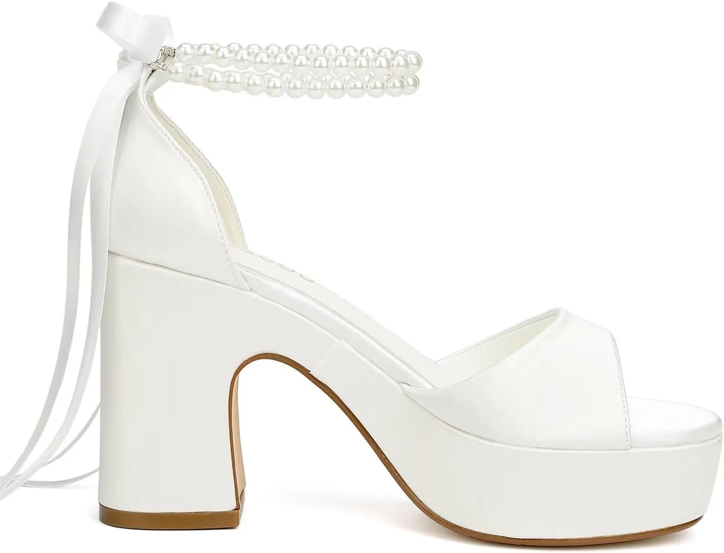 Platform Wedding Shoes for Bride Open Toe Bridal Shoes Pearl Heels Block Heel Wedding Sandals