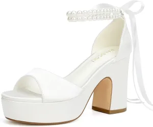 Platform Wedding Shoes for Bride Open Toe Bridal Shoes Pearl Heels Block Heel Wedding Sandals