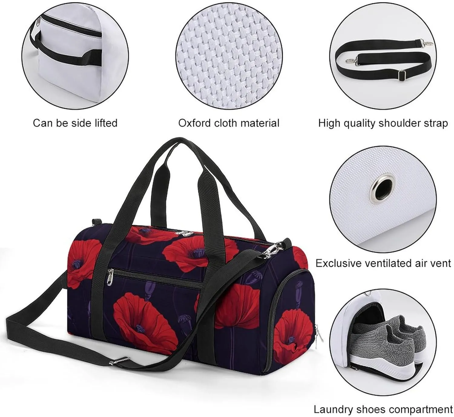 Poppy Flowers Fitness Large Gym Bag for Unisex with Shoe Compartment & Wet Pocket