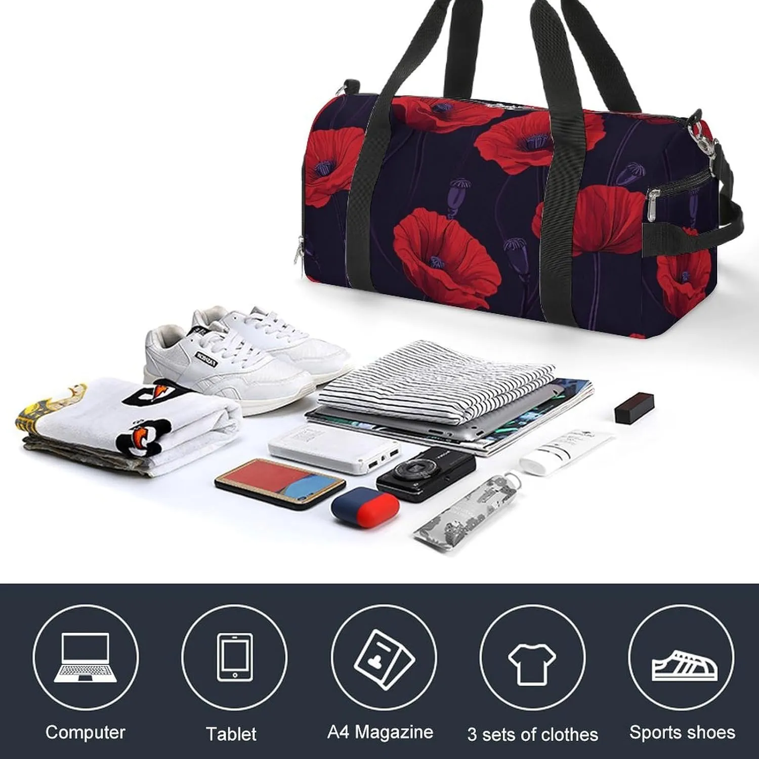 Poppy Flowers Fitness Large Gym Bag for Unisex with Shoe Compartment & Wet Pocket