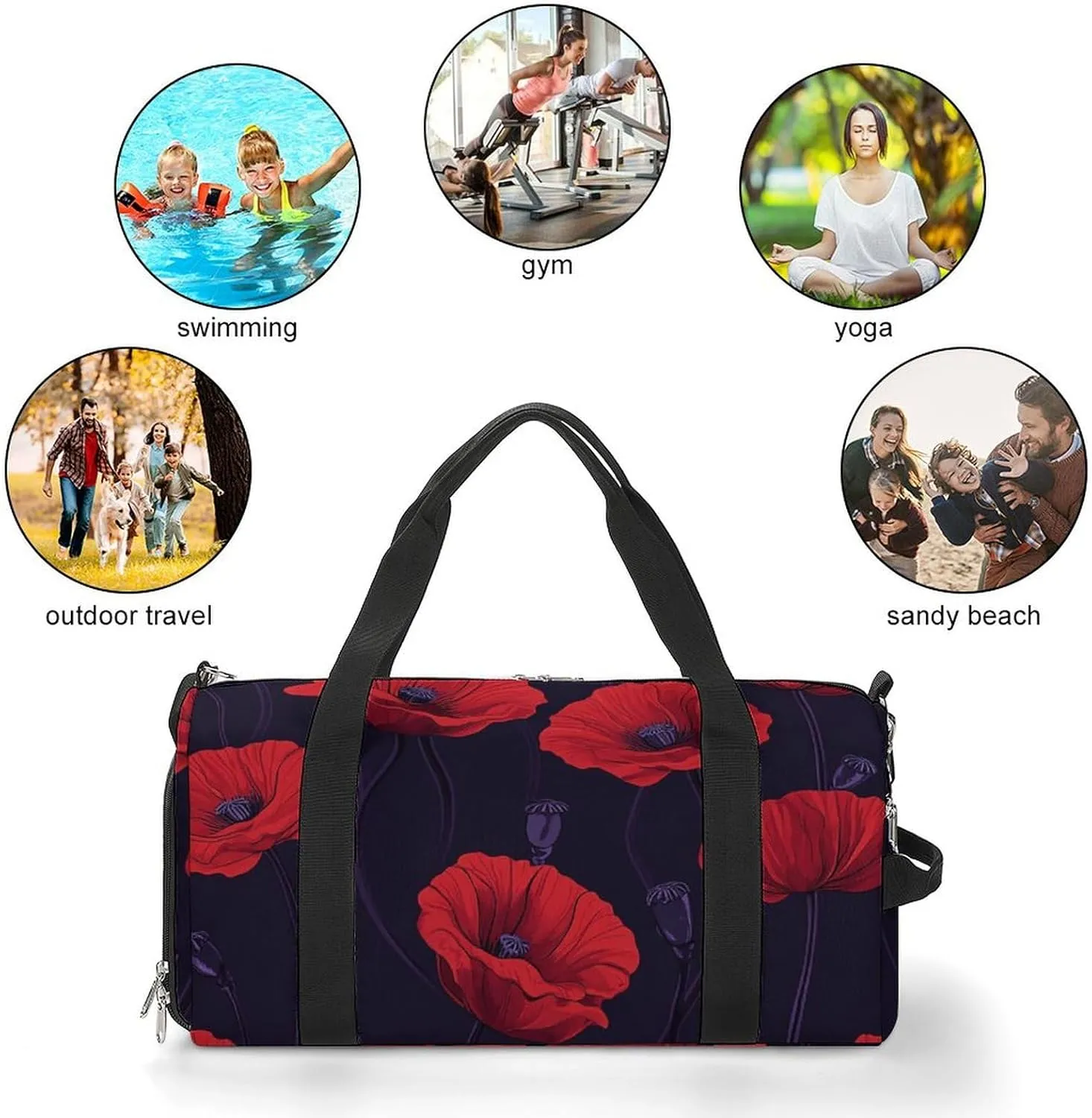 Poppy Flowers Fitness Large Gym Bag for Unisex with Shoe Compartment & Wet Pocket