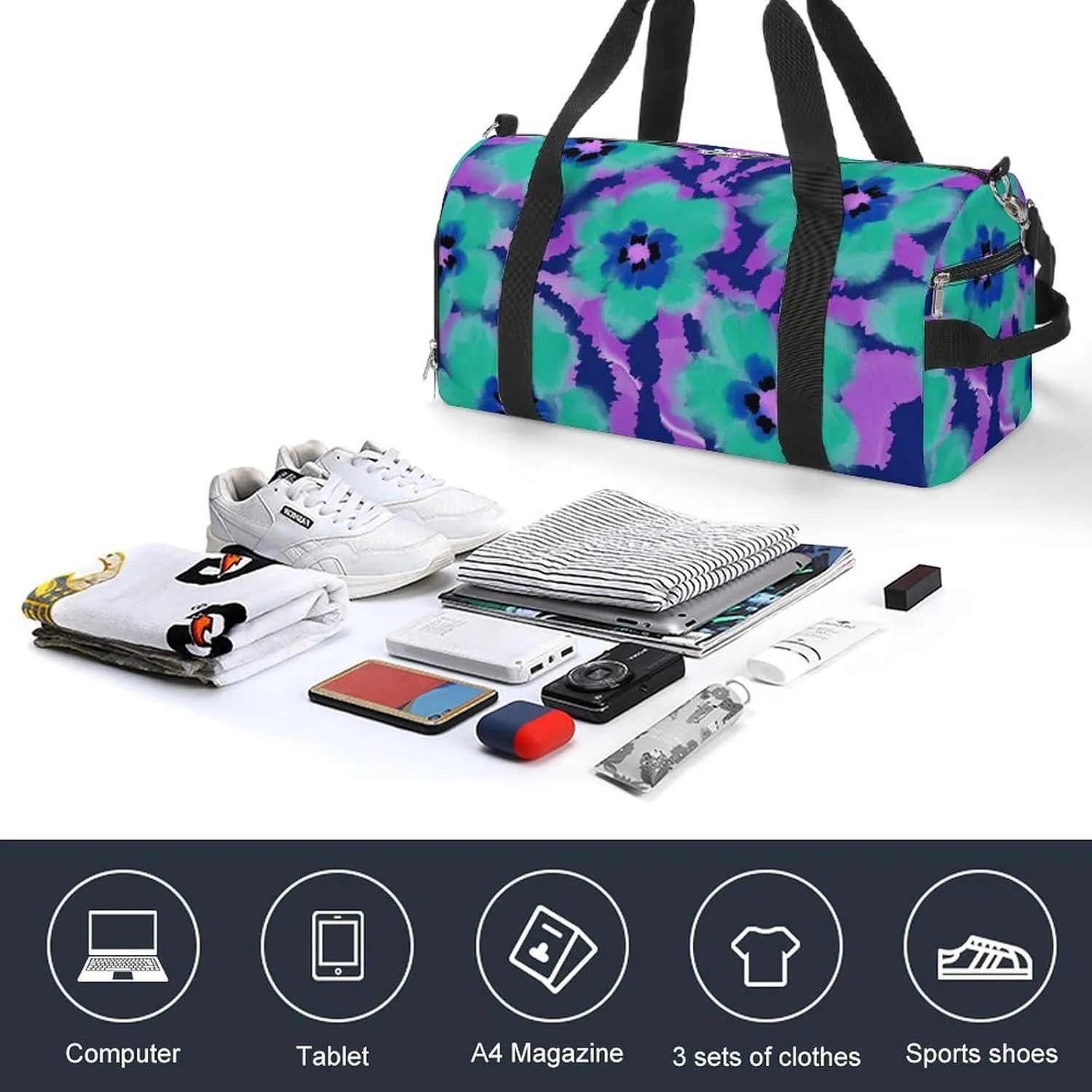 Poppy Flowers with Zebra Stripes Fitness Large Gym Bag for Unisex with Shoe Compartment & Wet Pocket