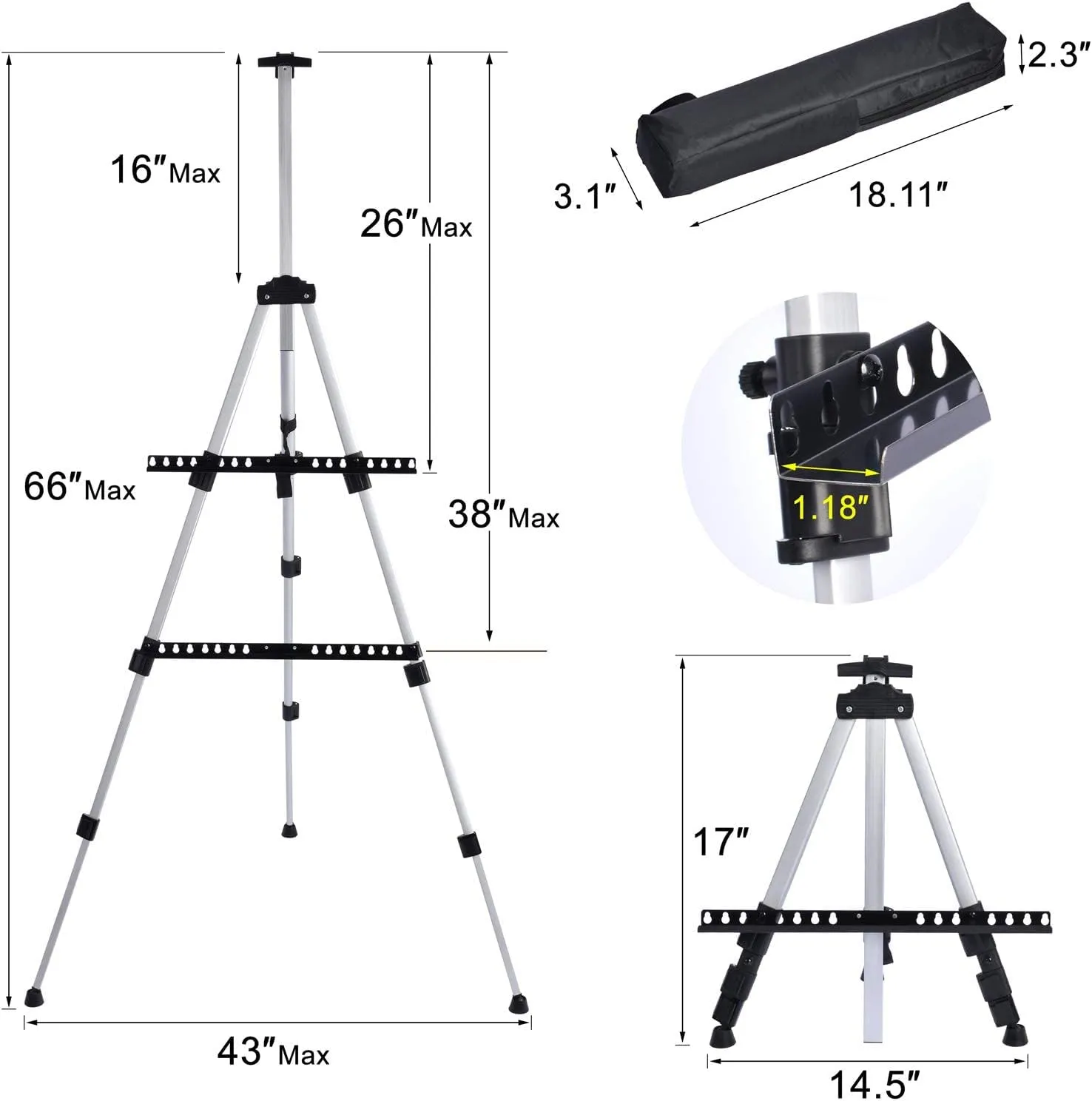 Portable Artist Easel Stand for Painting - Adjustable Height Painting Easel with Bag - Tabletop Art Easel for Painting Canvas Stand, Poster Stand & Wedding Signs Stand - Metal Tripod- 66 inches 2 Pack