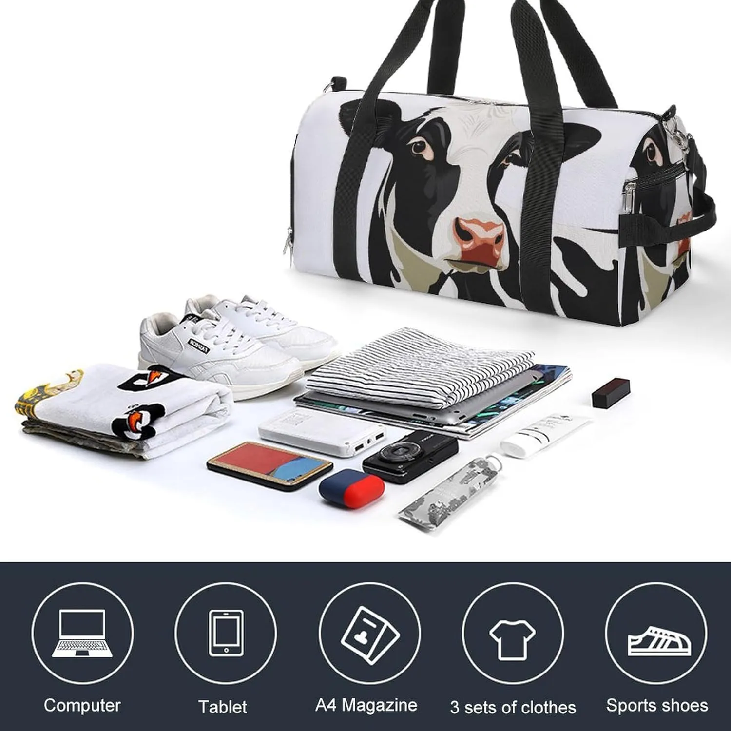 Portrait of Cow Fitness Large Gym Bag for Unisex with Shoe Compartment & Wet Pocket