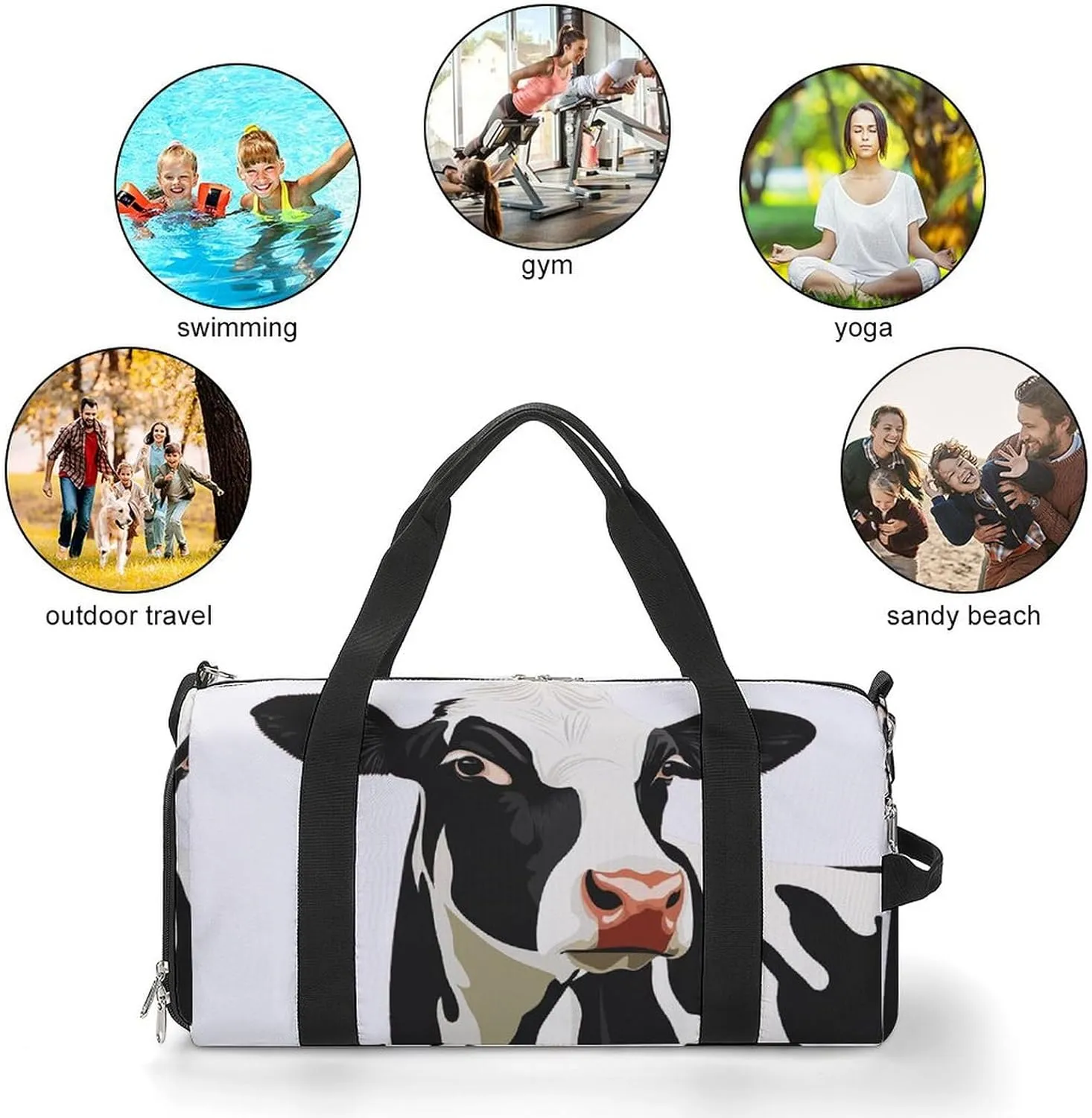 Portrait of Cow Fitness Large Gym Bag for Unisex with Shoe Compartment & Wet Pocket