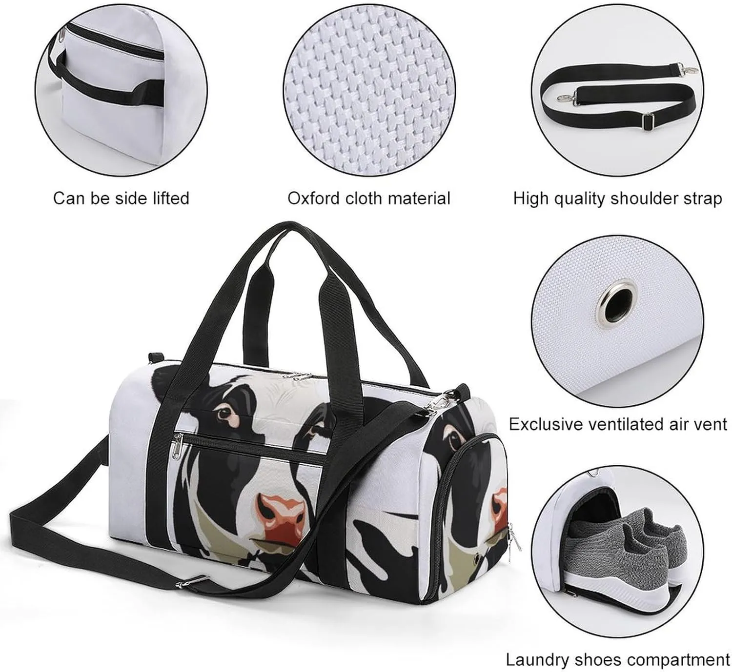 Portrait of Cow Fitness Large Gym Bag for Unisex with Shoe Compartment & Wet Pocket