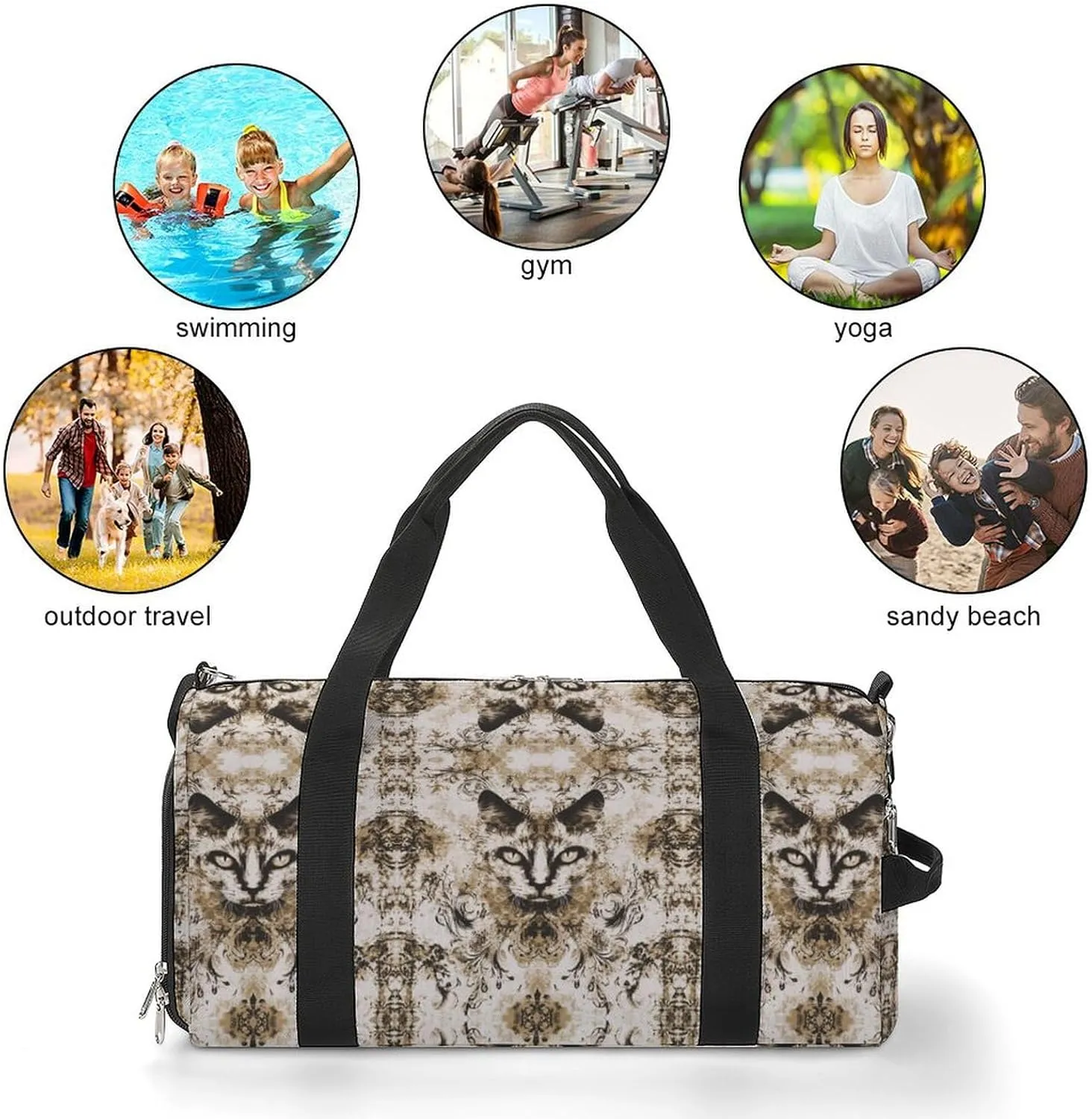 Portrait of Gothic Cat Fitness Large Gym Bag for Unisex with Shoe Compartment & Wet Pocket