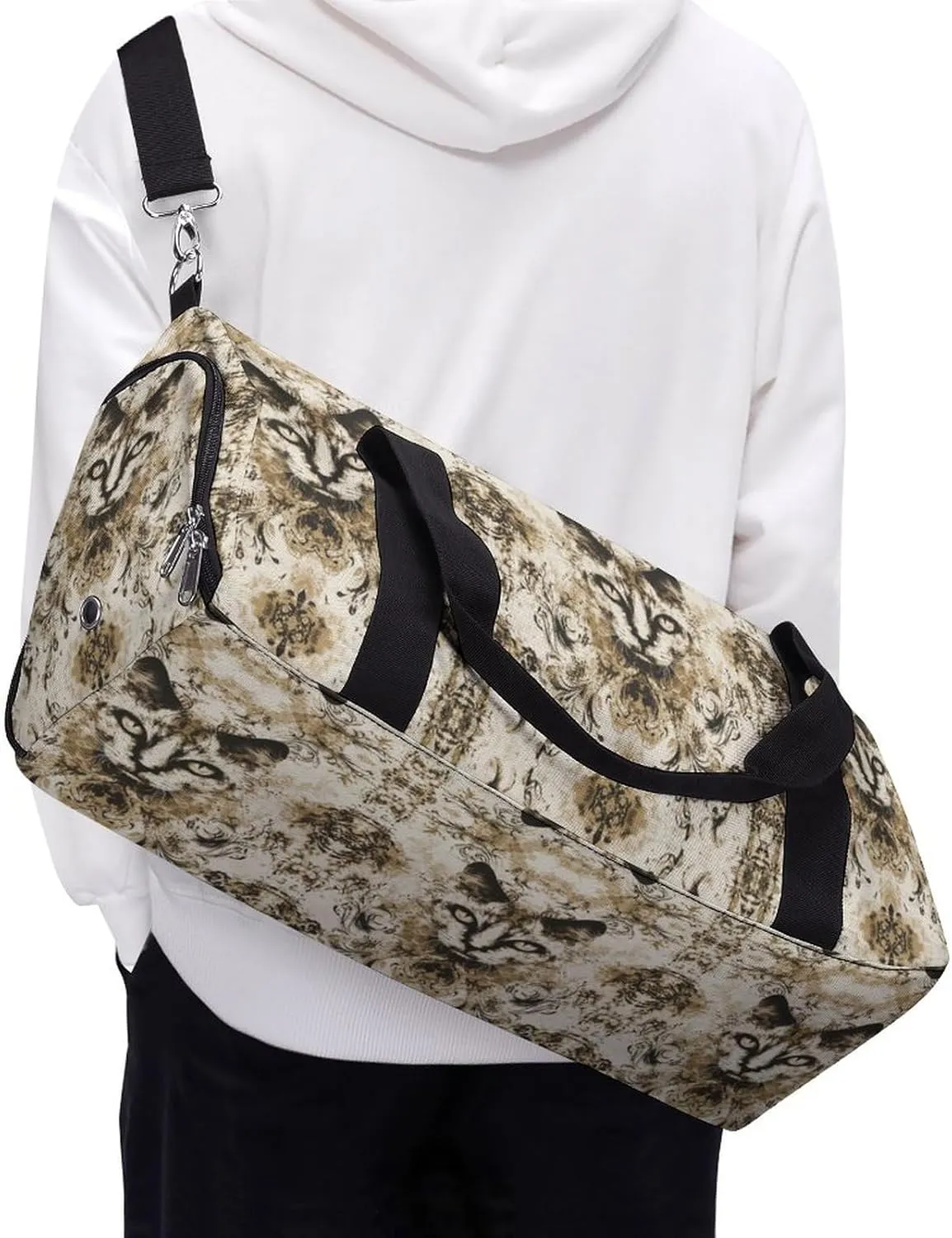 Portrait of Gothic Cat Fitness Large Gym Bag for Unisex with Shoe Compartment & Wet Pocket