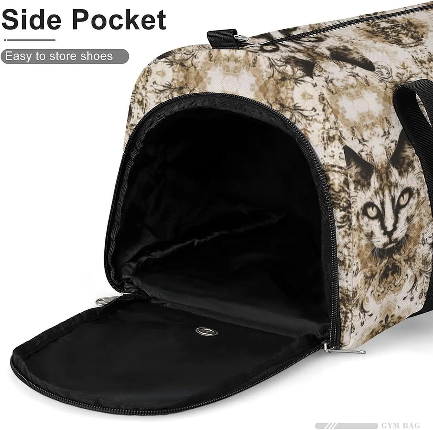 Portrait of Gothic Cat Fitness Large Gym Bag for Unisex with Shoe Compartment & Wet Pocket