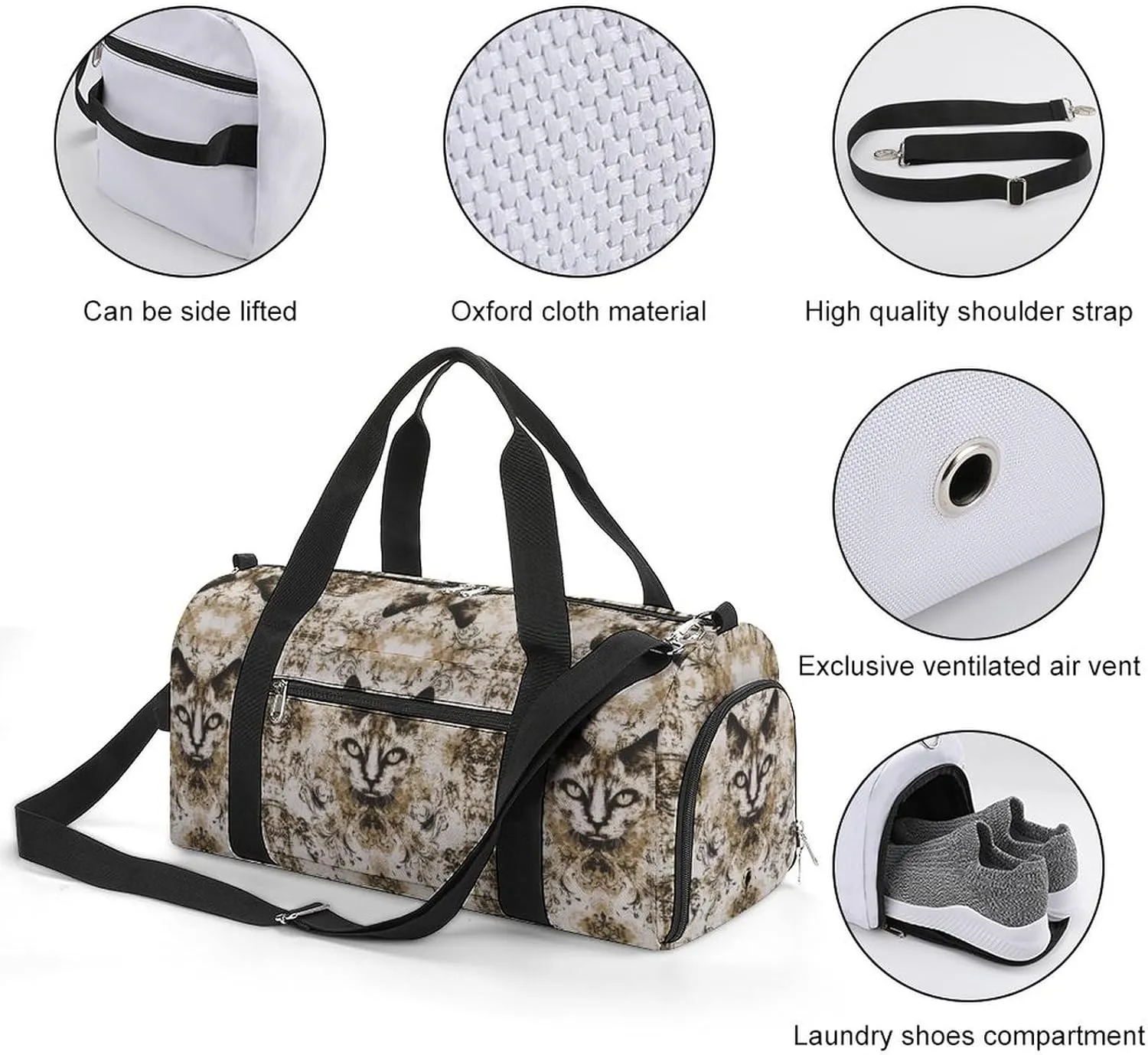 Portrait of Gothic Cat Fitness Large Gym Bag for Unisex with Shoe Compartment & Wet Pocket
