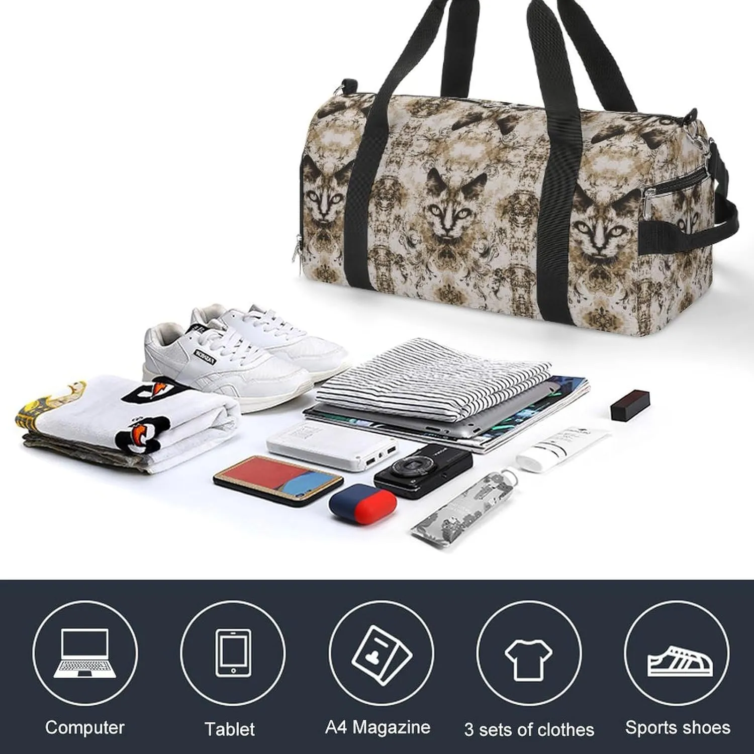Portrait of Gothic Cat Fitness Large Gym Bag for Unisex with Shoe Compartment & Wet Pocket