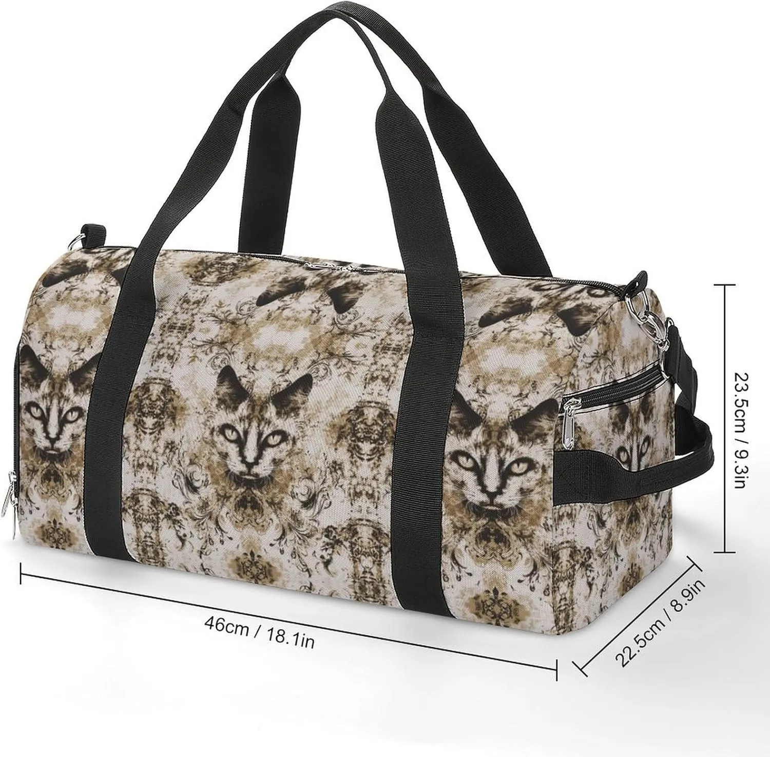 Portrait of Gothic Cat Fitness Large Gym Bag for Unisex with Shoe Compartment & Wet Pocket