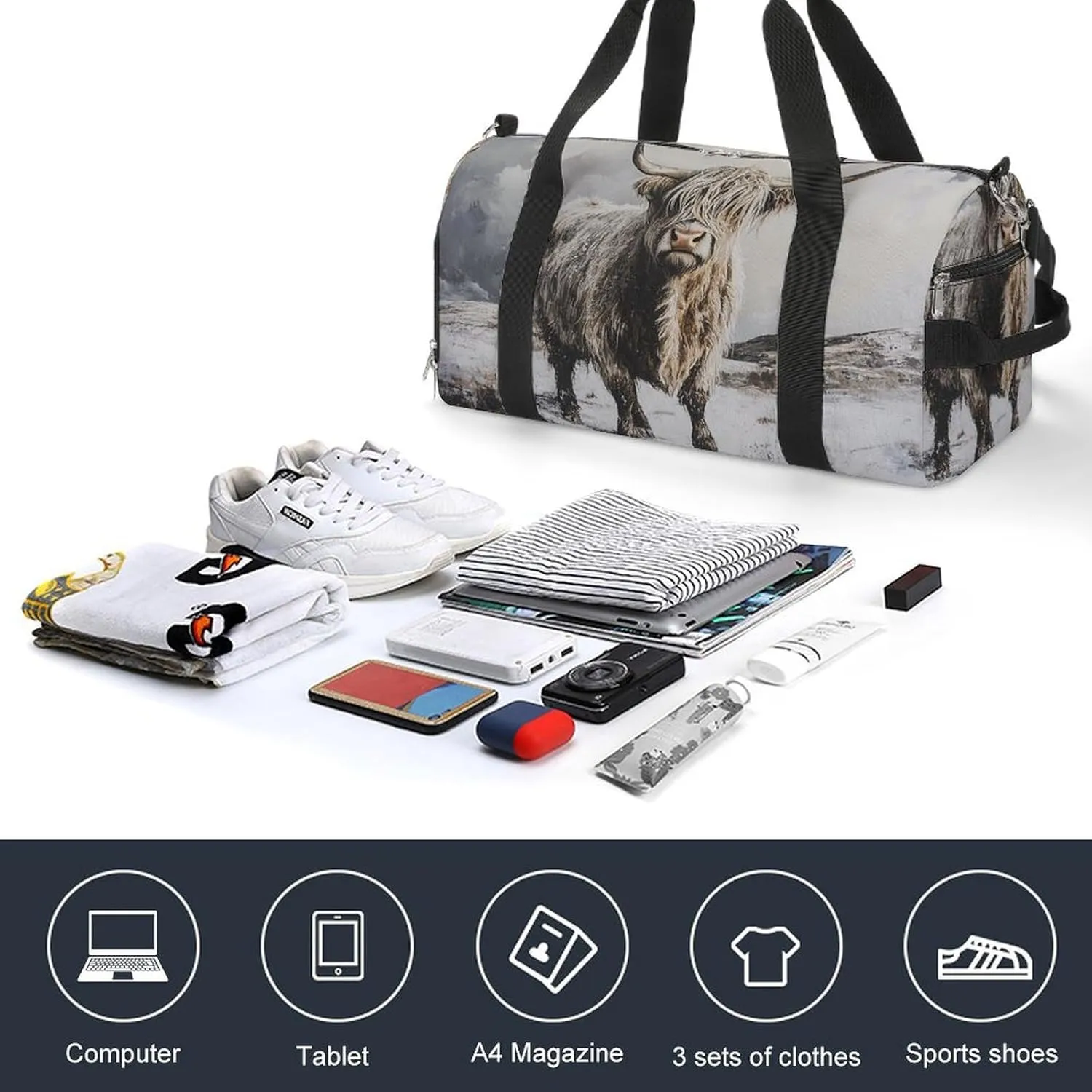 Portrait of Highland Cow Fitness Large Gym Bag for Unisex with Shoe Compartment & Wet Pocket
