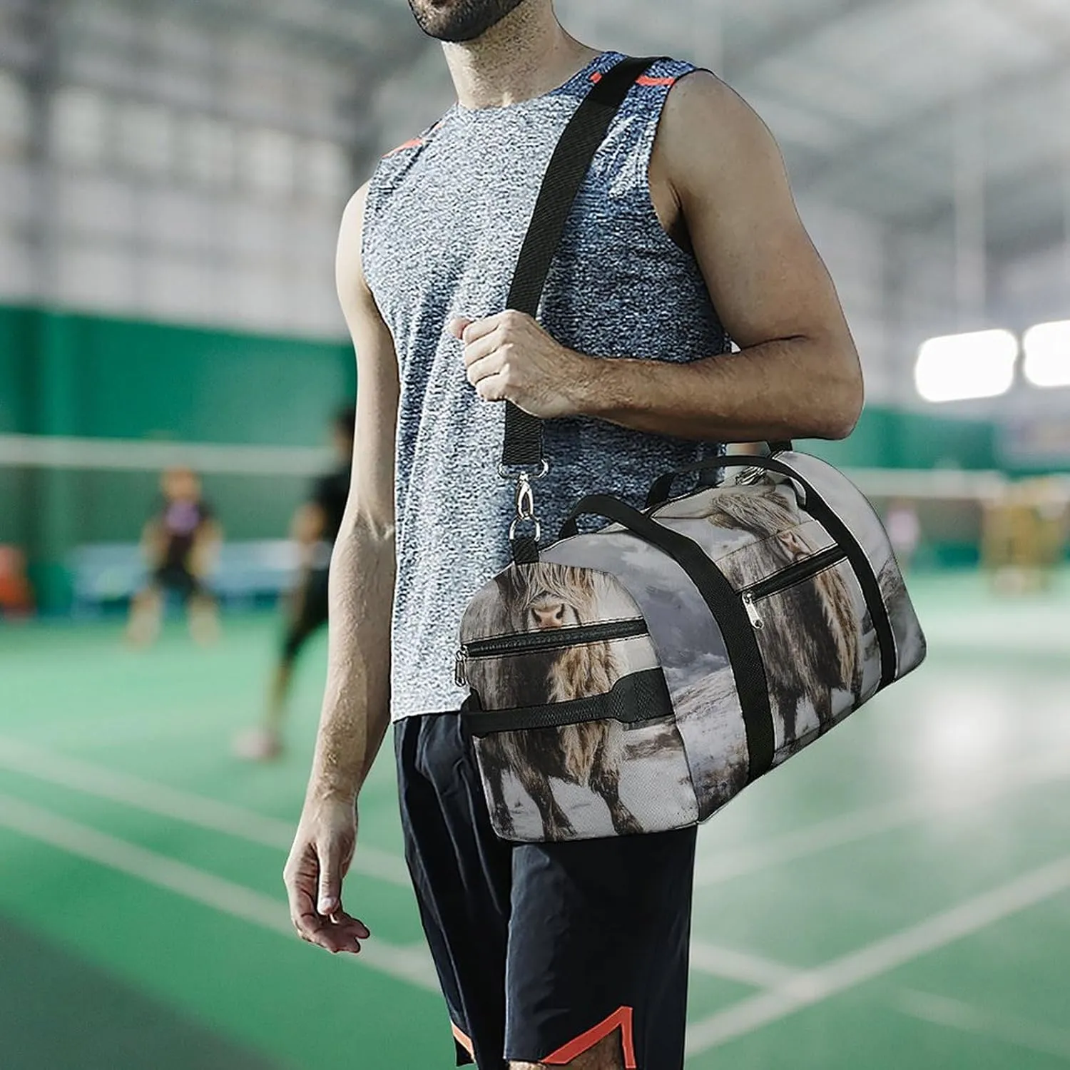 Portrait of Highland Cow Fitness Large Gym Bag for Unisex with Shoe Compartment & Wet Pocket