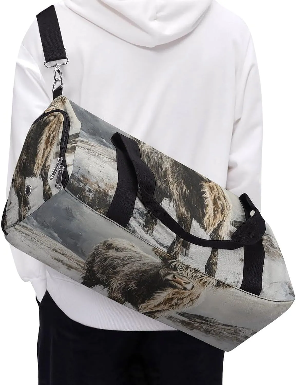 Portrait of Highland Cow Fitness Large Gym Bag for Unisex with Shoe Compartment & Wet Pocket
