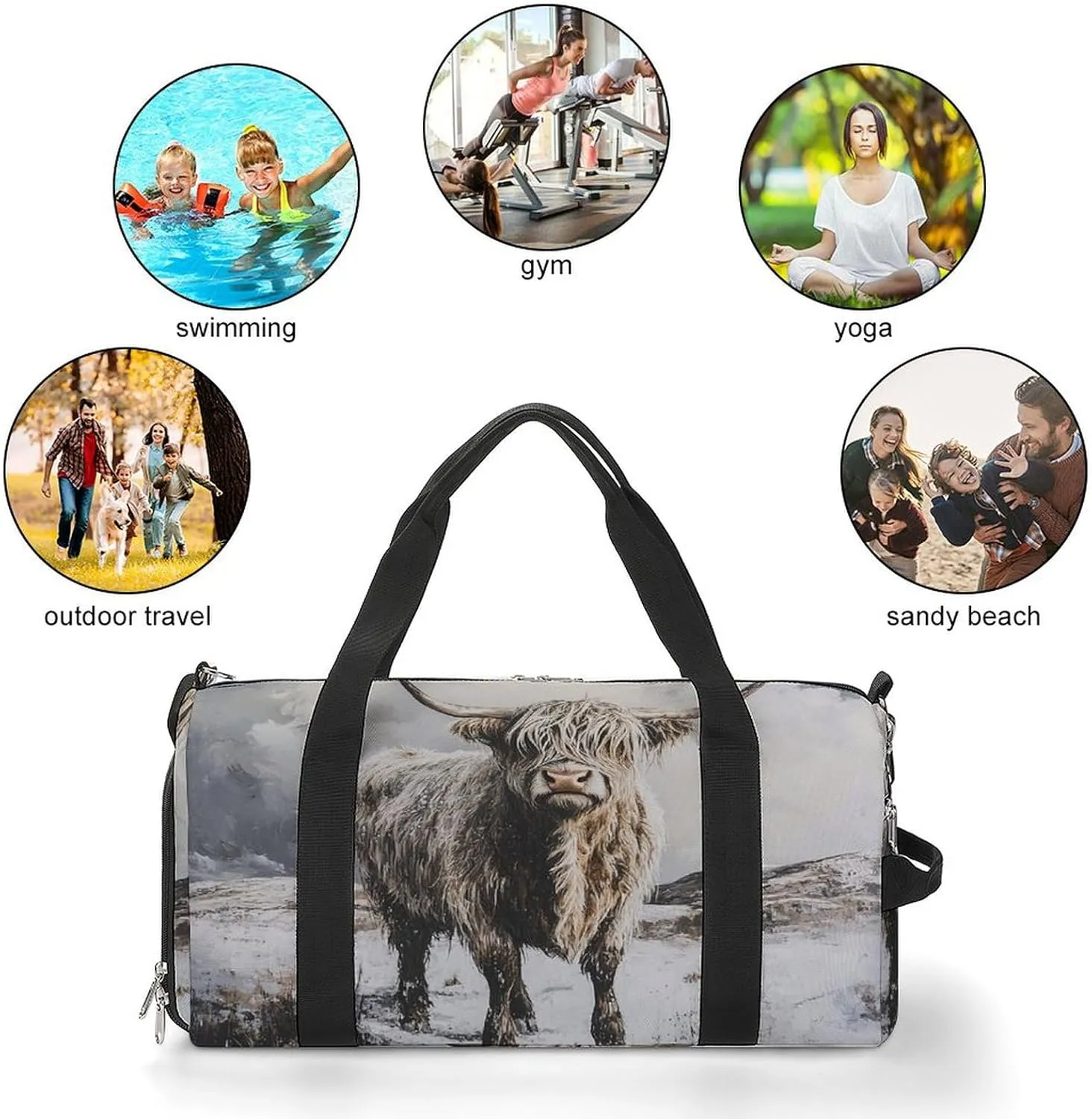 Portrait of Highland Cow Fitness Large Gym Bag for Unisex with Shoe Compartment & Wet Pocket